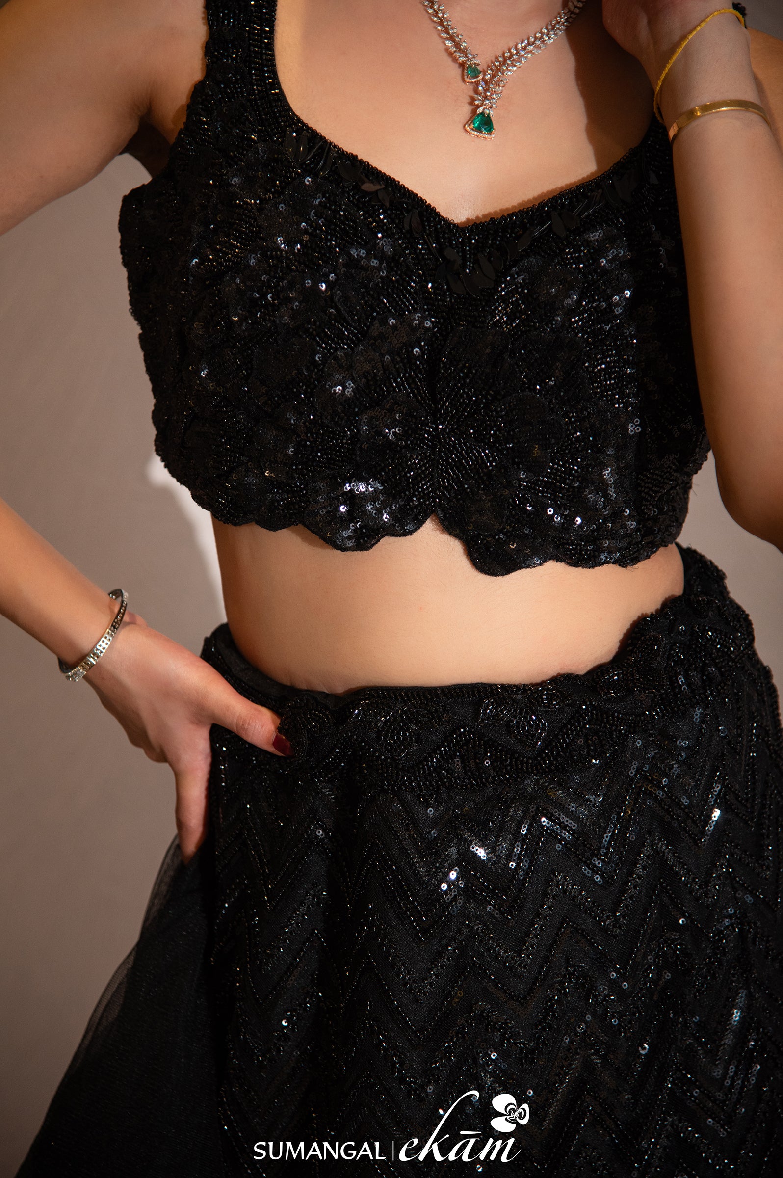 Designer Black Net Handwork Fish Cut Lehenga