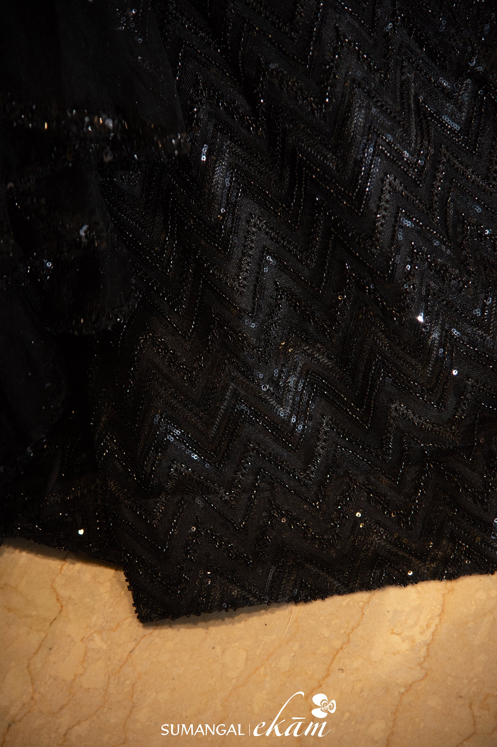 Designer Black Net Handwork Fish Cut Lehenga