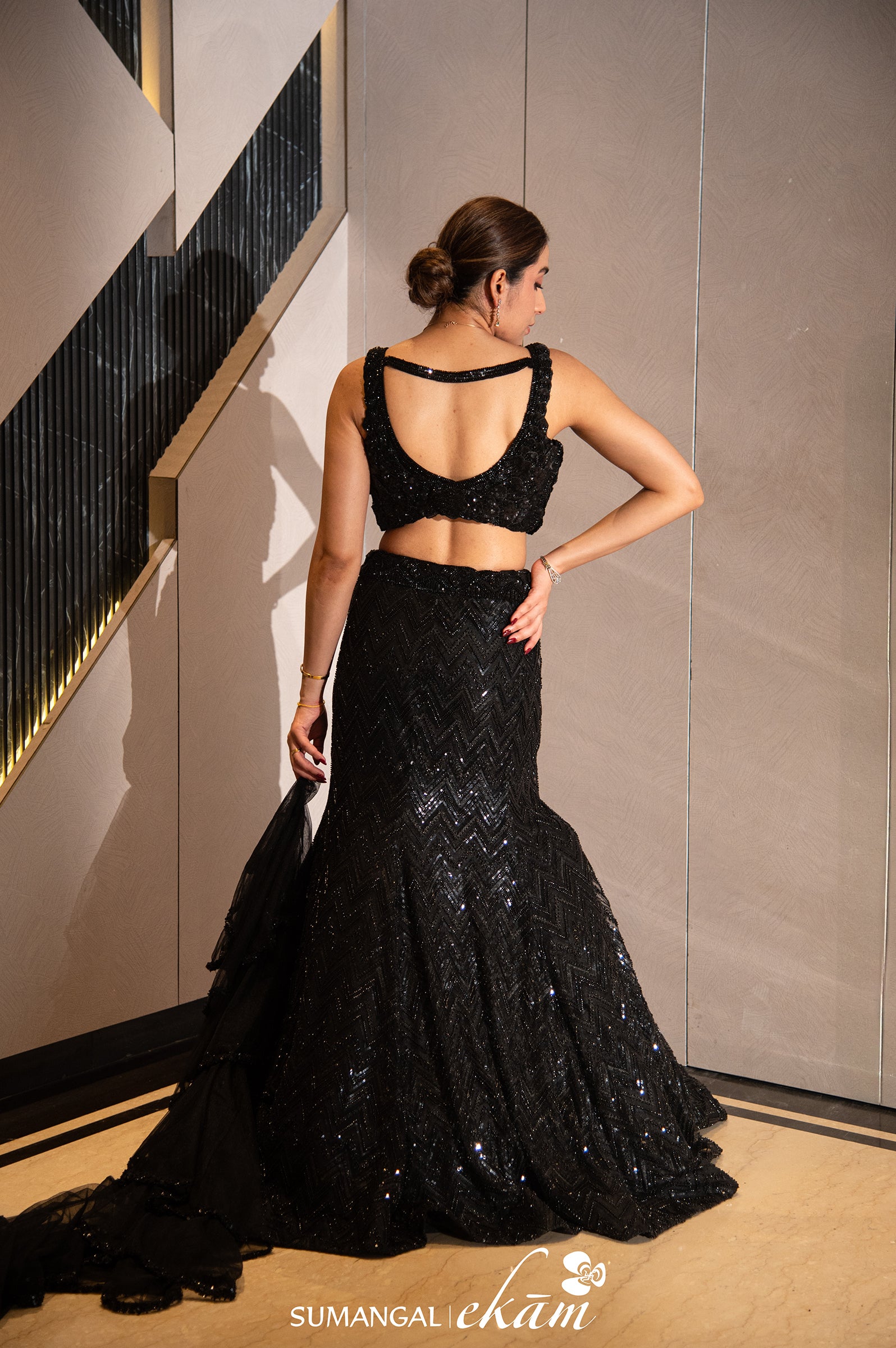 Designer Black Net Handwork Fish Cut Lehenga