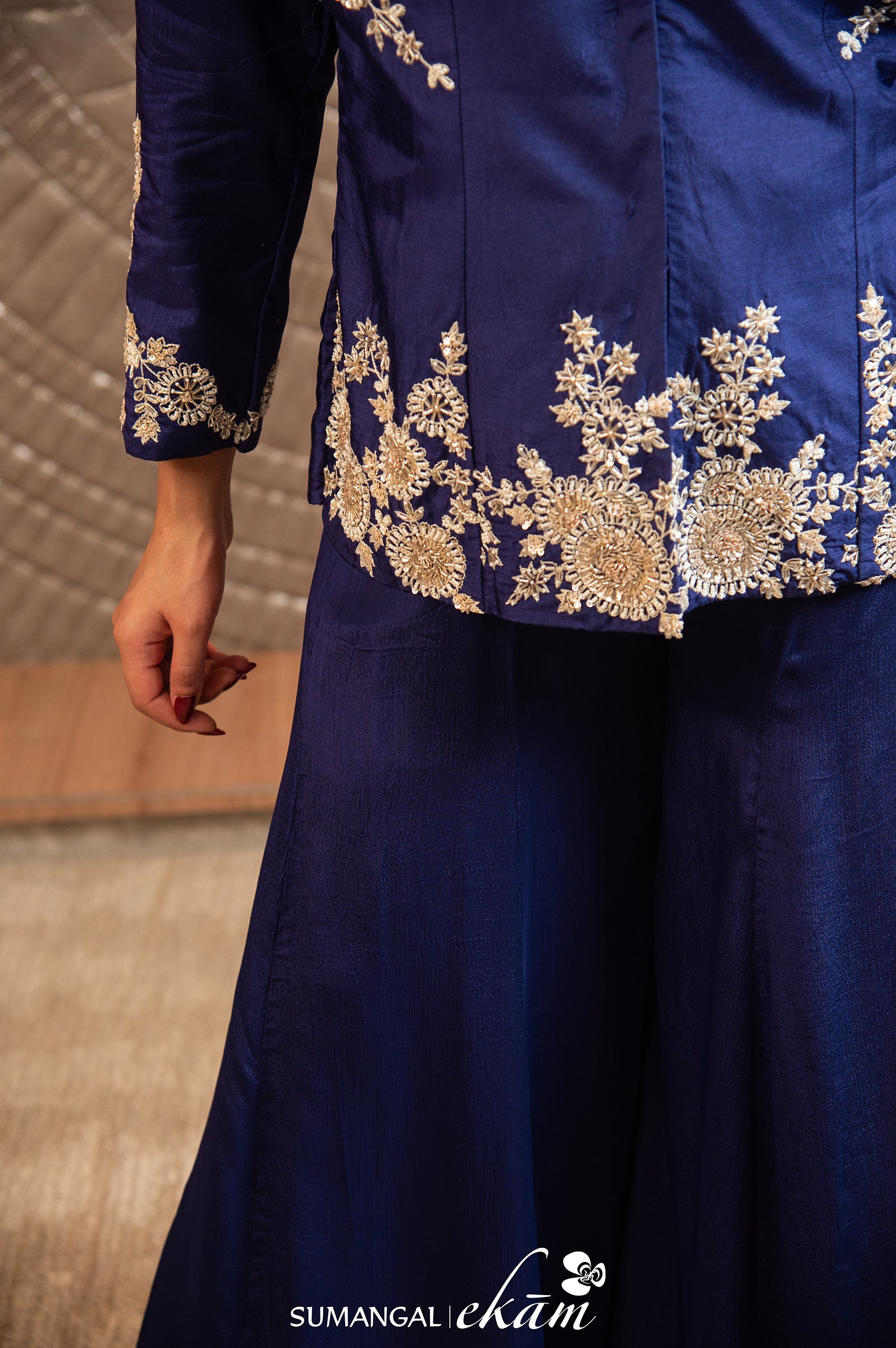 Designer Blue Crepe Silk Sharara Suit Set