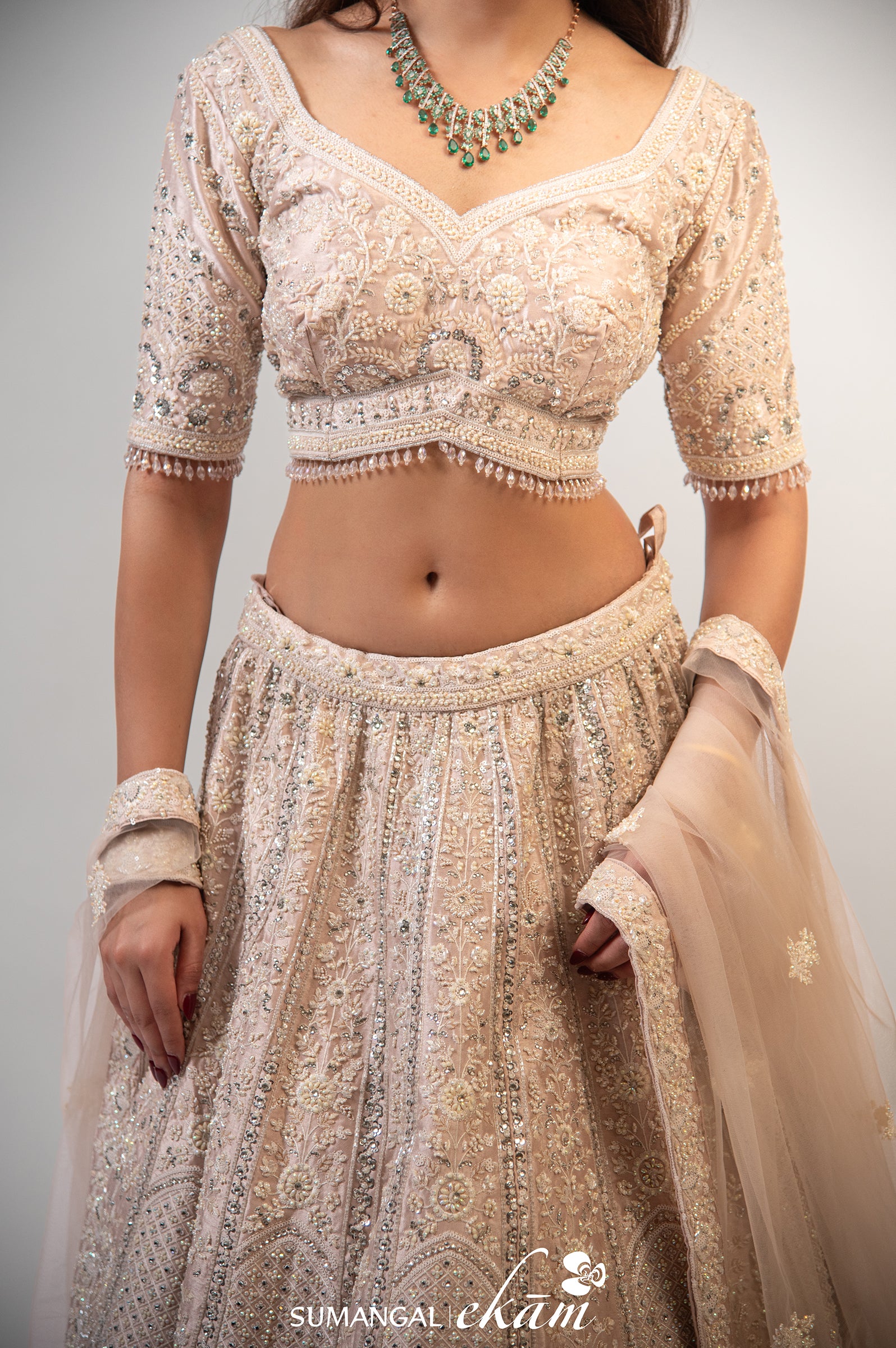 Designer Peach Net Handwork Lehenga