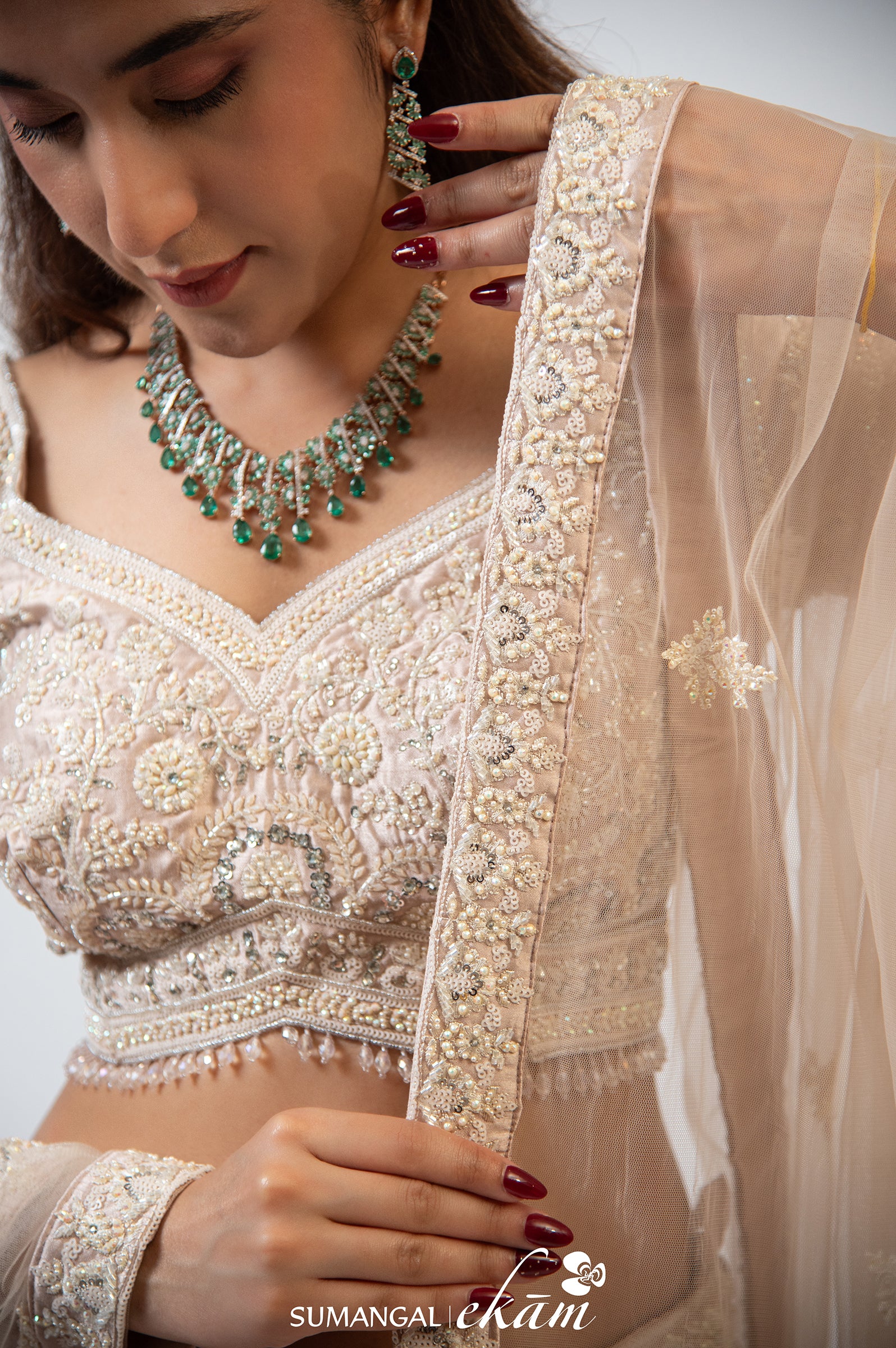 Designer Peach Net Handwork Lehenga