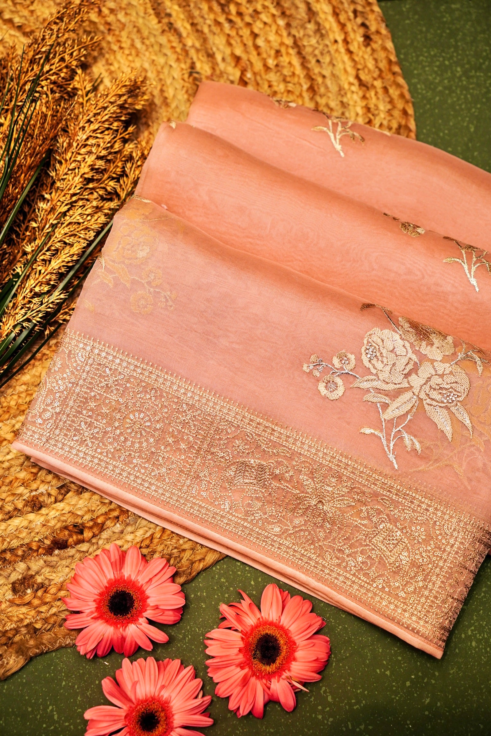 Designer Peach Organza Saree