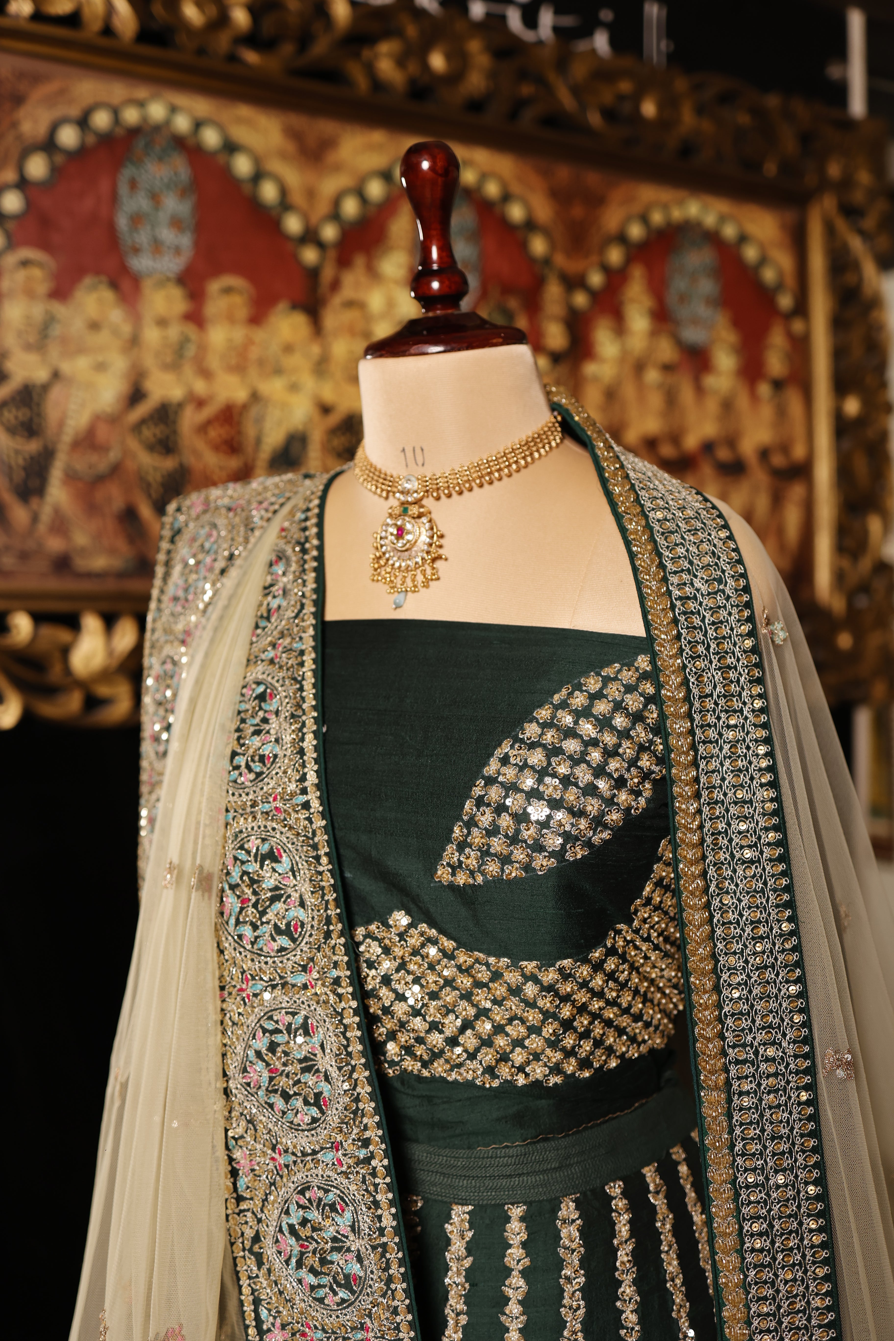 Designer Bottle Green Raw Silk Mehendi Lehenga