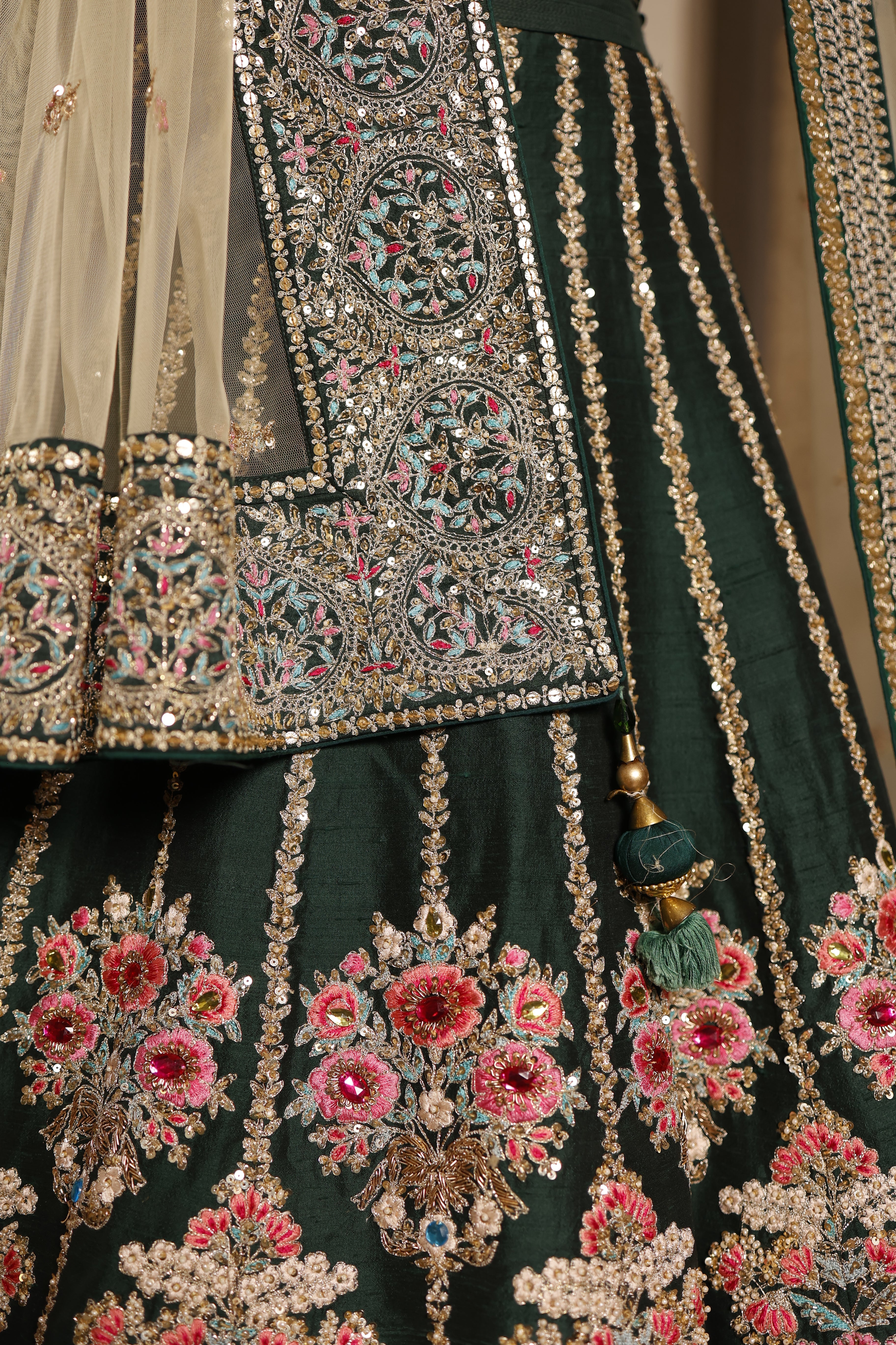 Designer Bottle Green Raw Silk Mehendi Lehenga