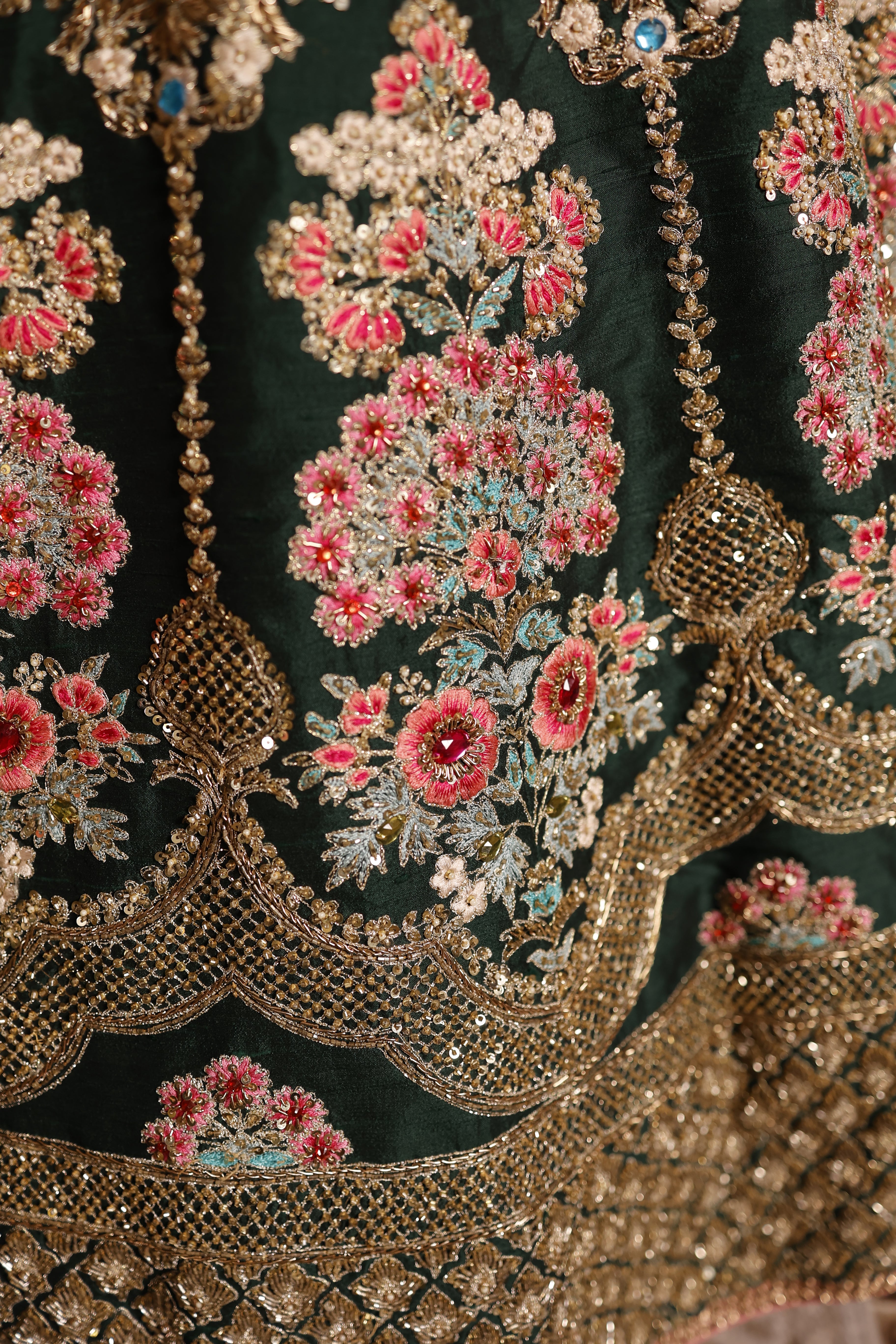 Designer Bottle Green Raw Silk Mehendi Lehenga