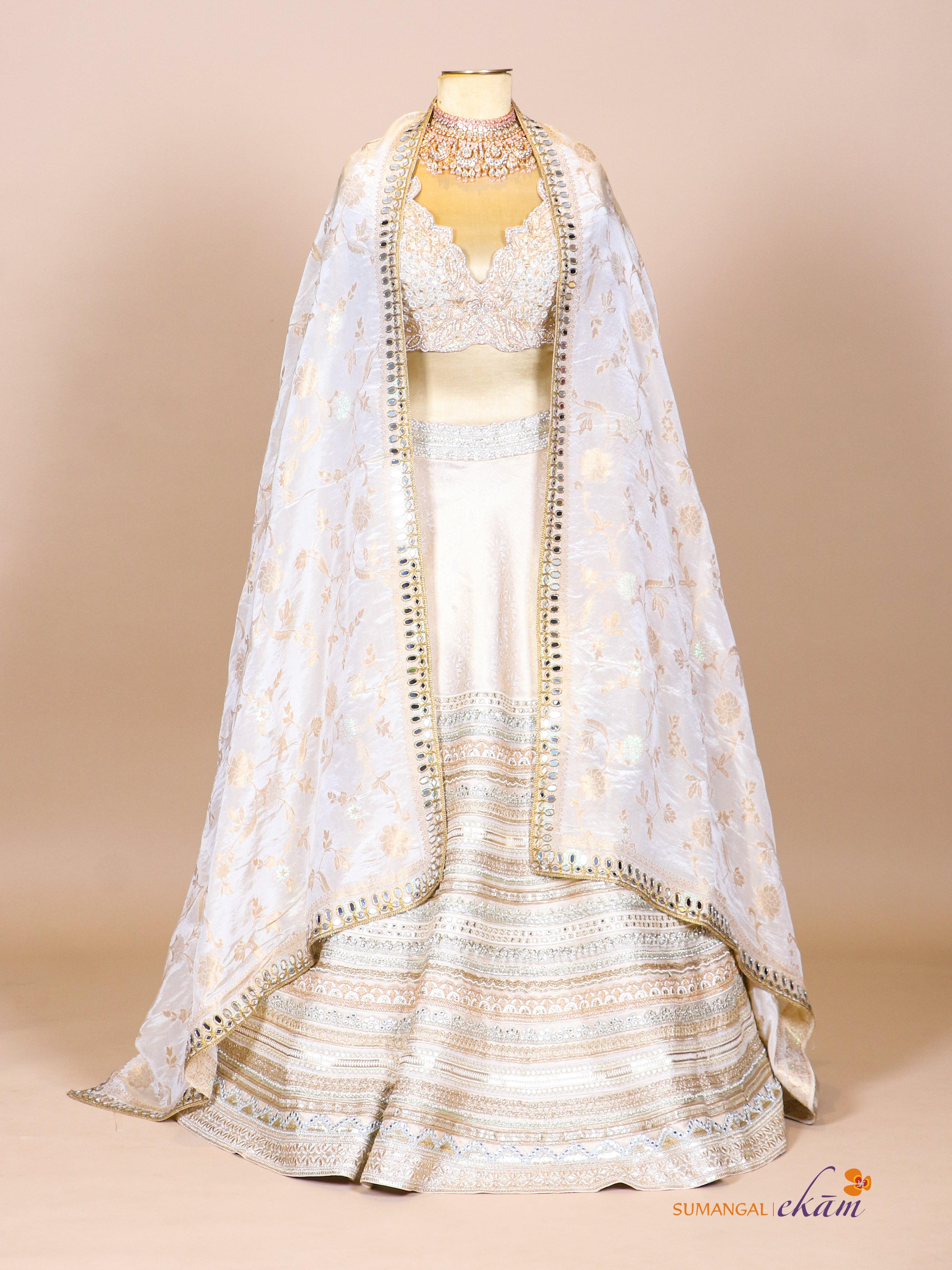 Designer Ivory Raw Silk Party Wear Lehenga - Sumangal Ekam