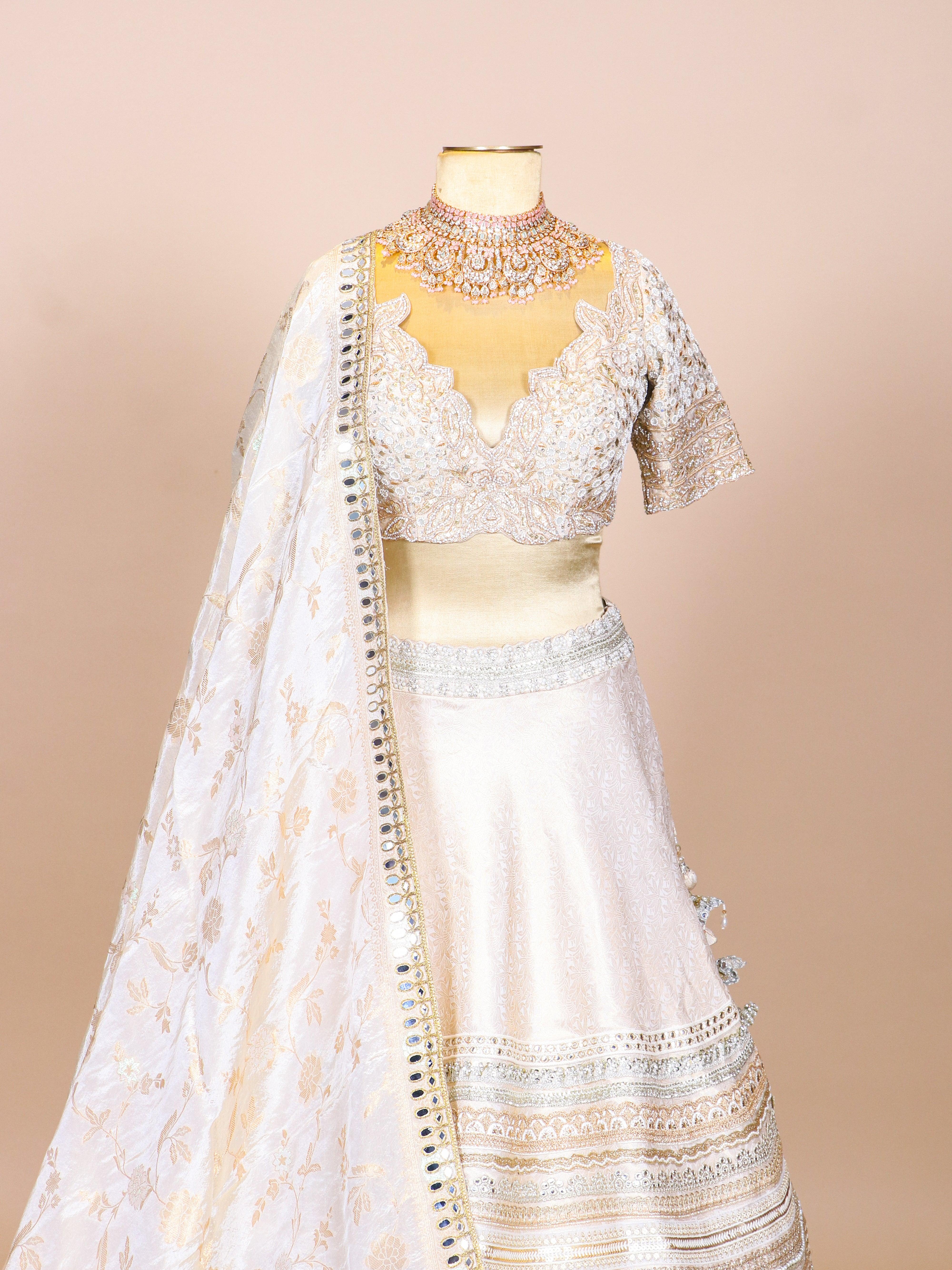 Designer Ivory Raw Silk Party Wear Lehenga - Sumangal Ekam
