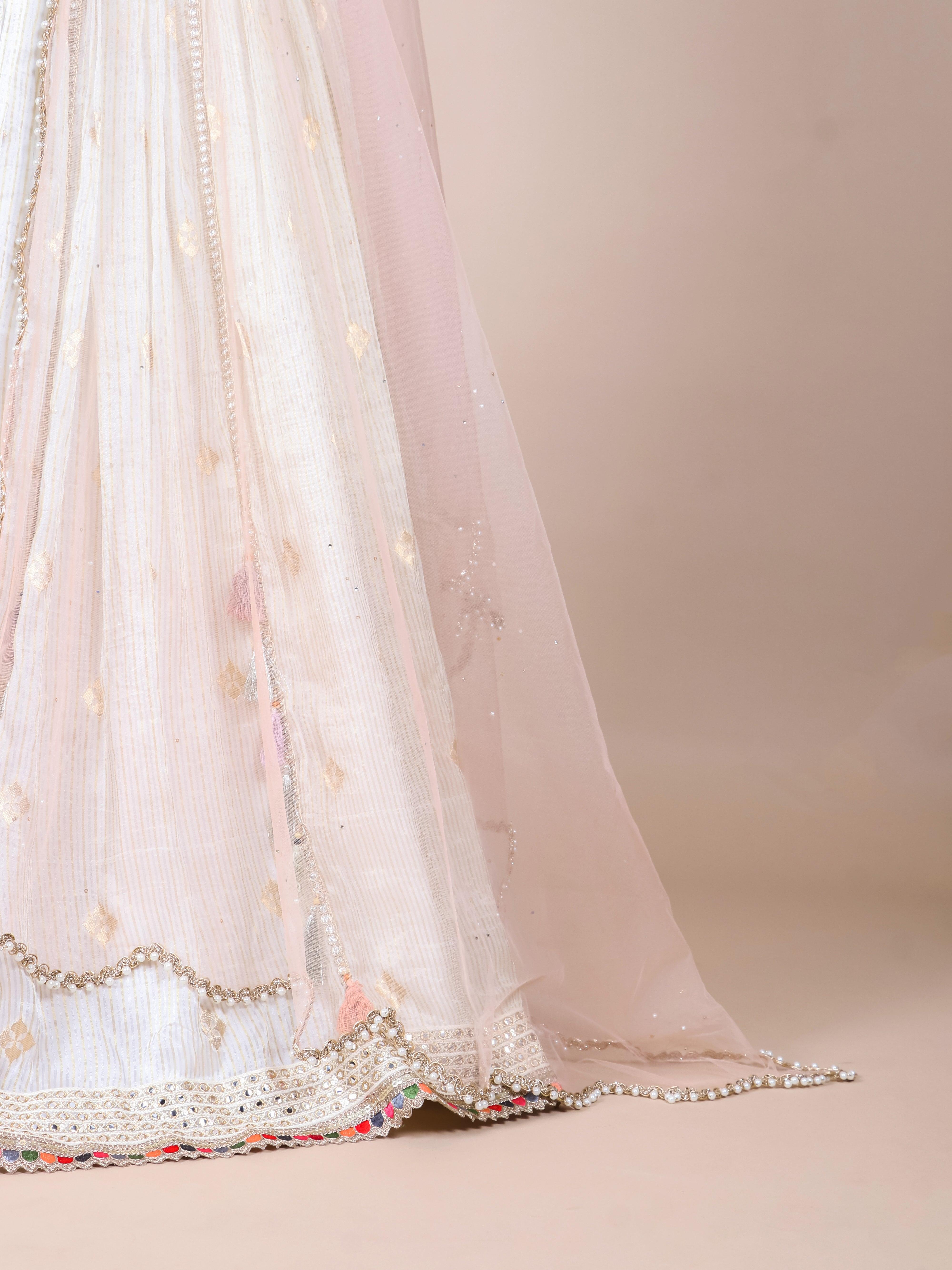 Designer Off White Fancy Banarasi Party Wear Lehenga - Sumangal Ekam