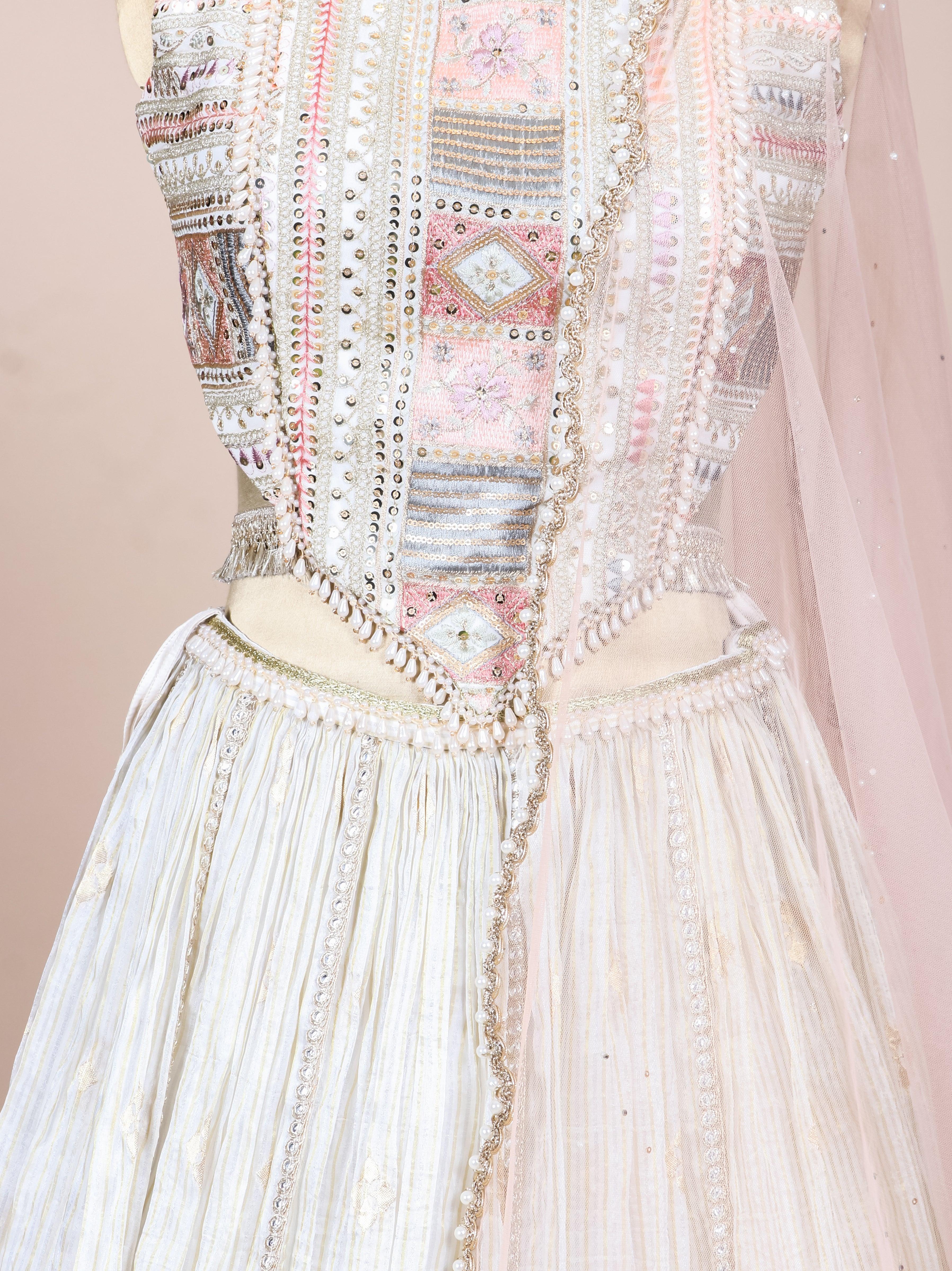 Designer Off White Fancy Banarasi Party Wear Lehenga - Sumangal Ekam