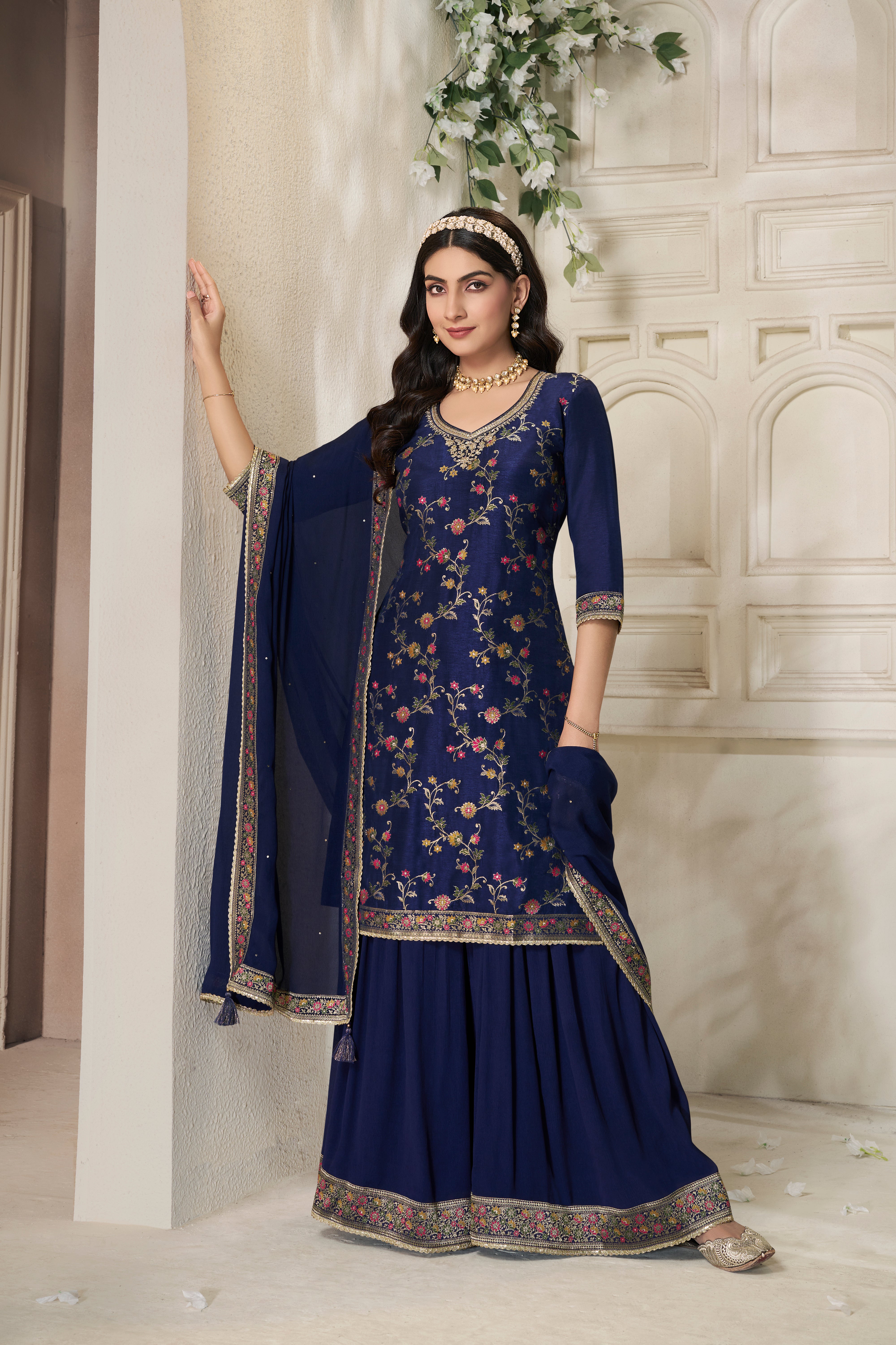 Designer Dark Blue Meenakari Dola Silk Sharara Suit Set