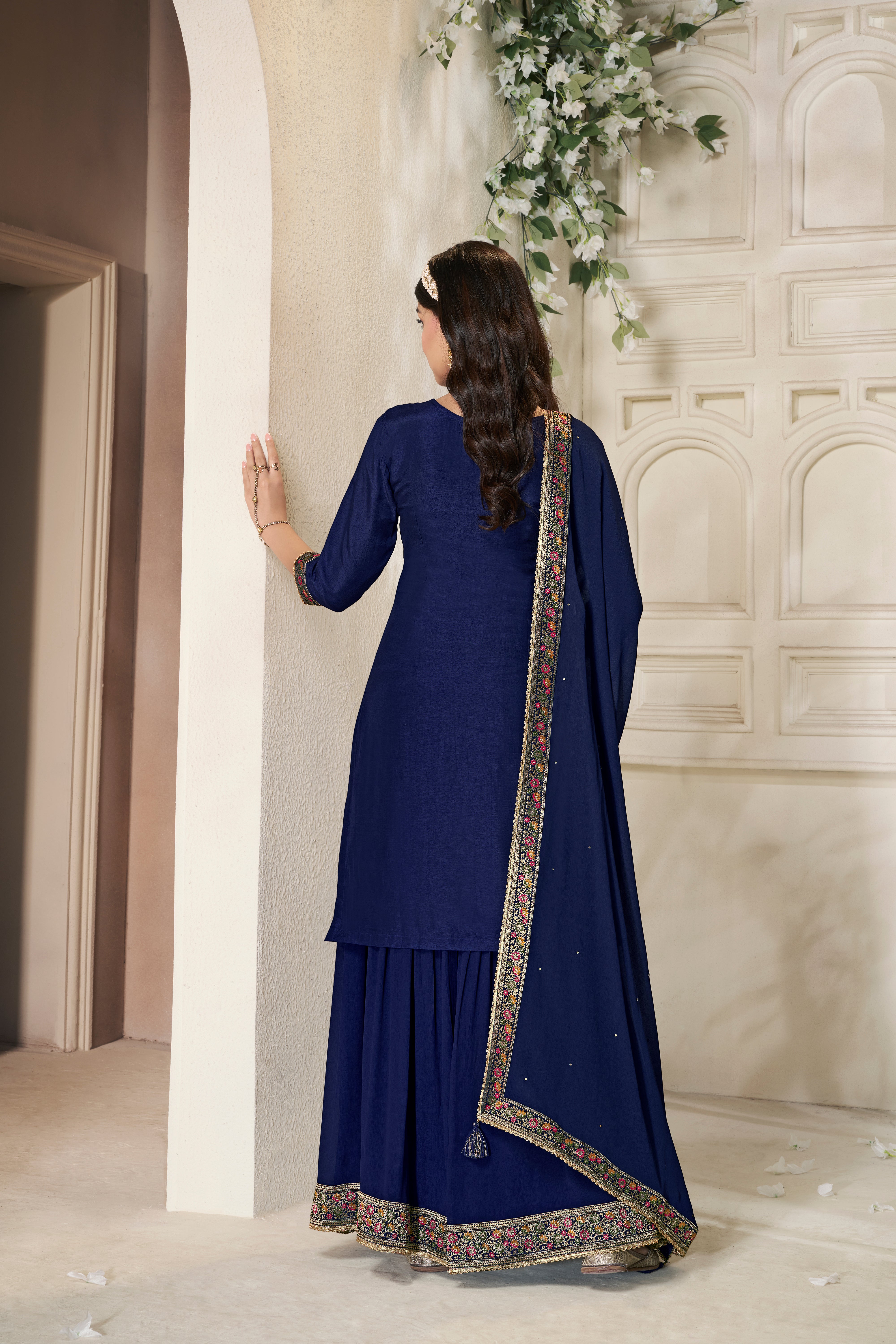 Designer Dark Blue Meenakari Dola Silk Sharara Suit Set