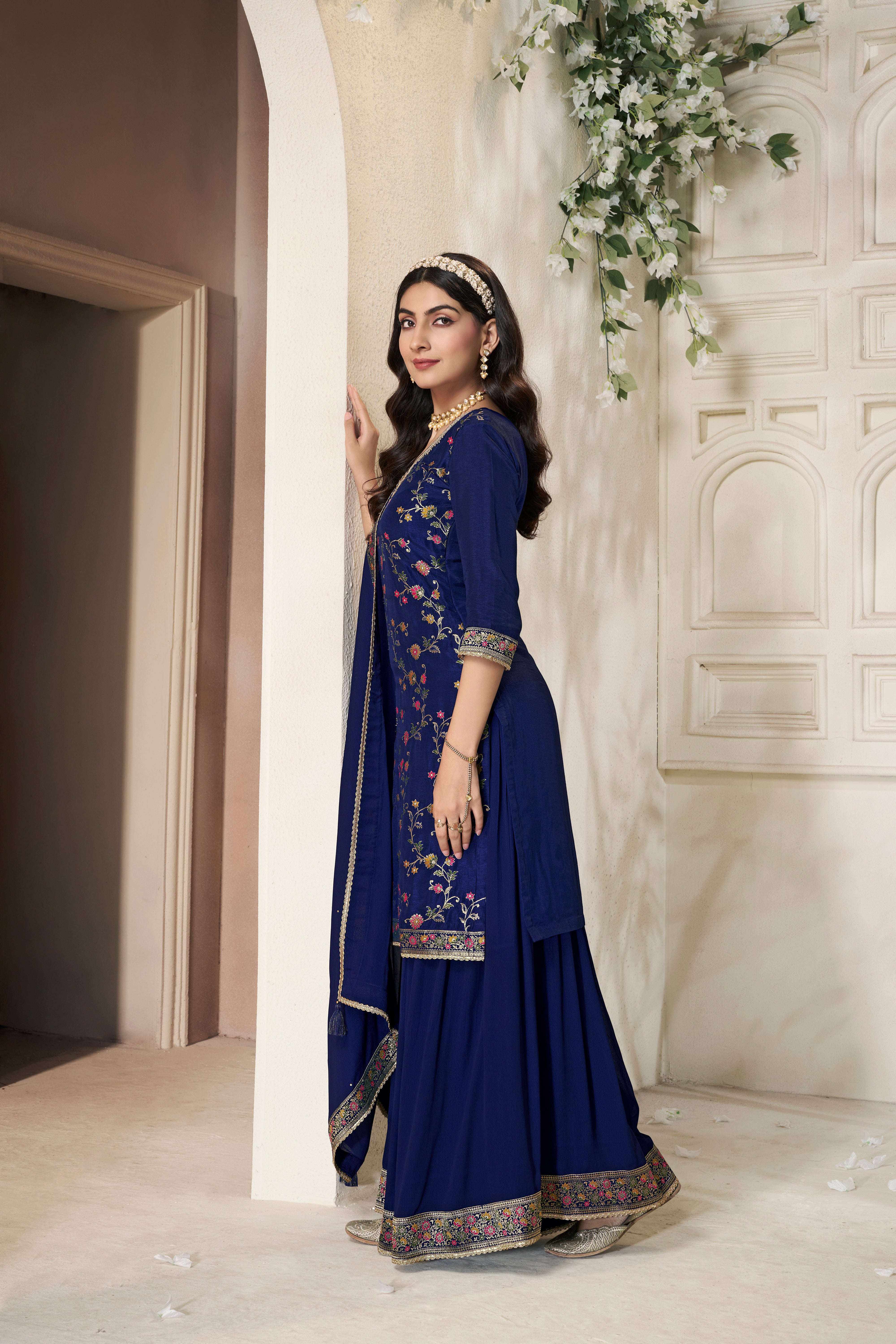 Designer Dark Blue Meenakari Dola Silk Sharara Suit Set