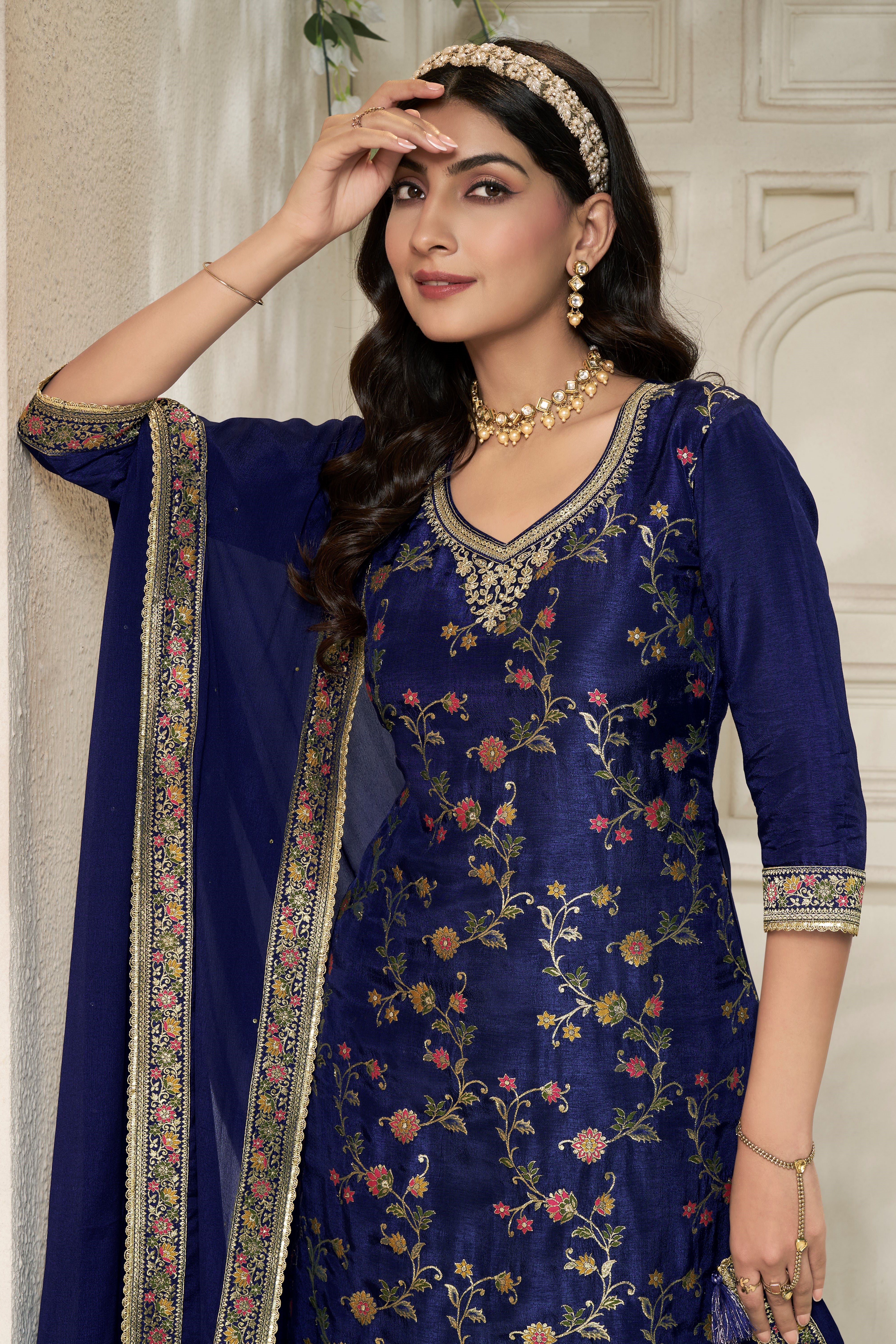 Designer Dark Blue Meenakari Dola Silk Sharara Suit Set
