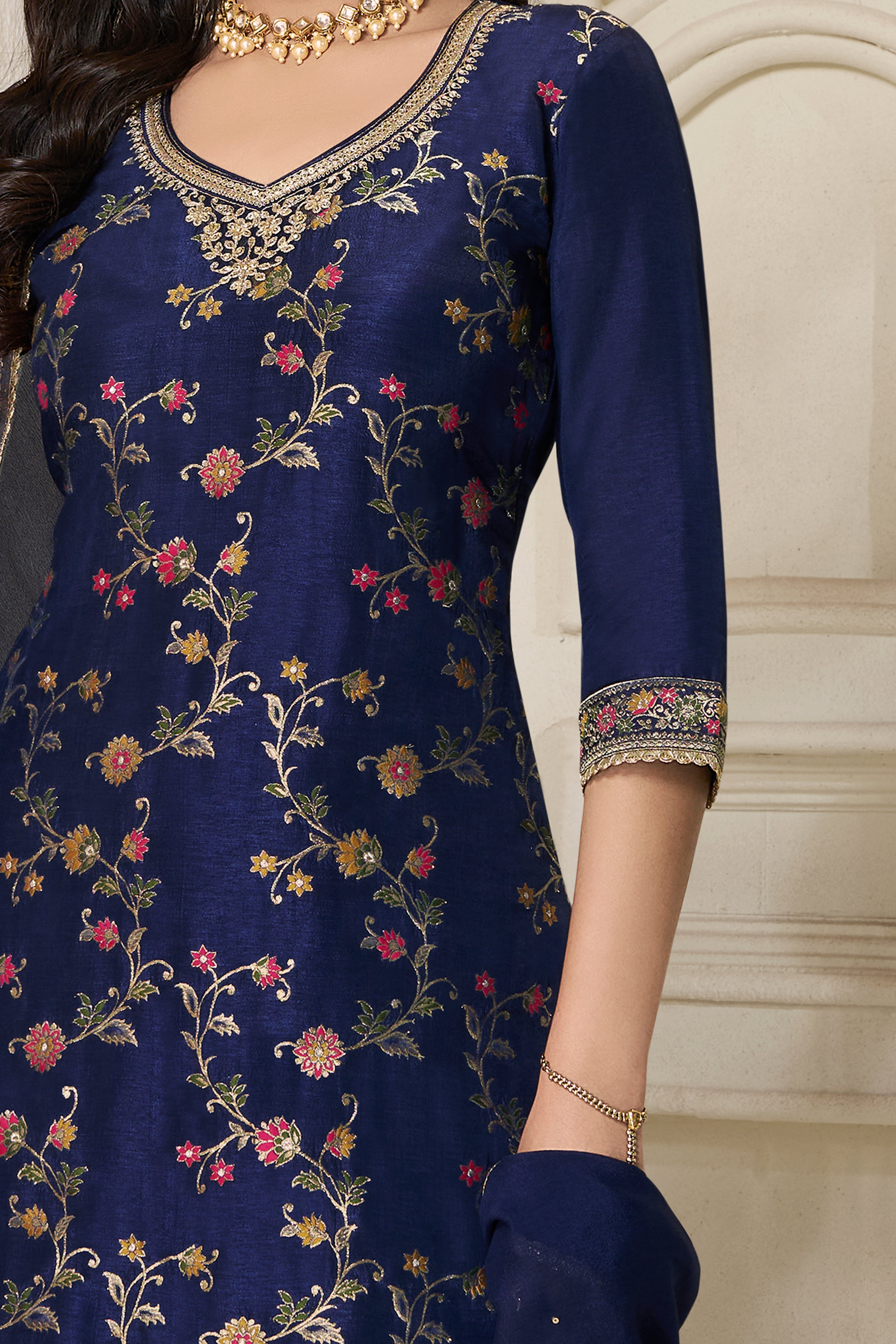 Designer Dark Blue Meenakari Dola Silk Sharara Suit Set