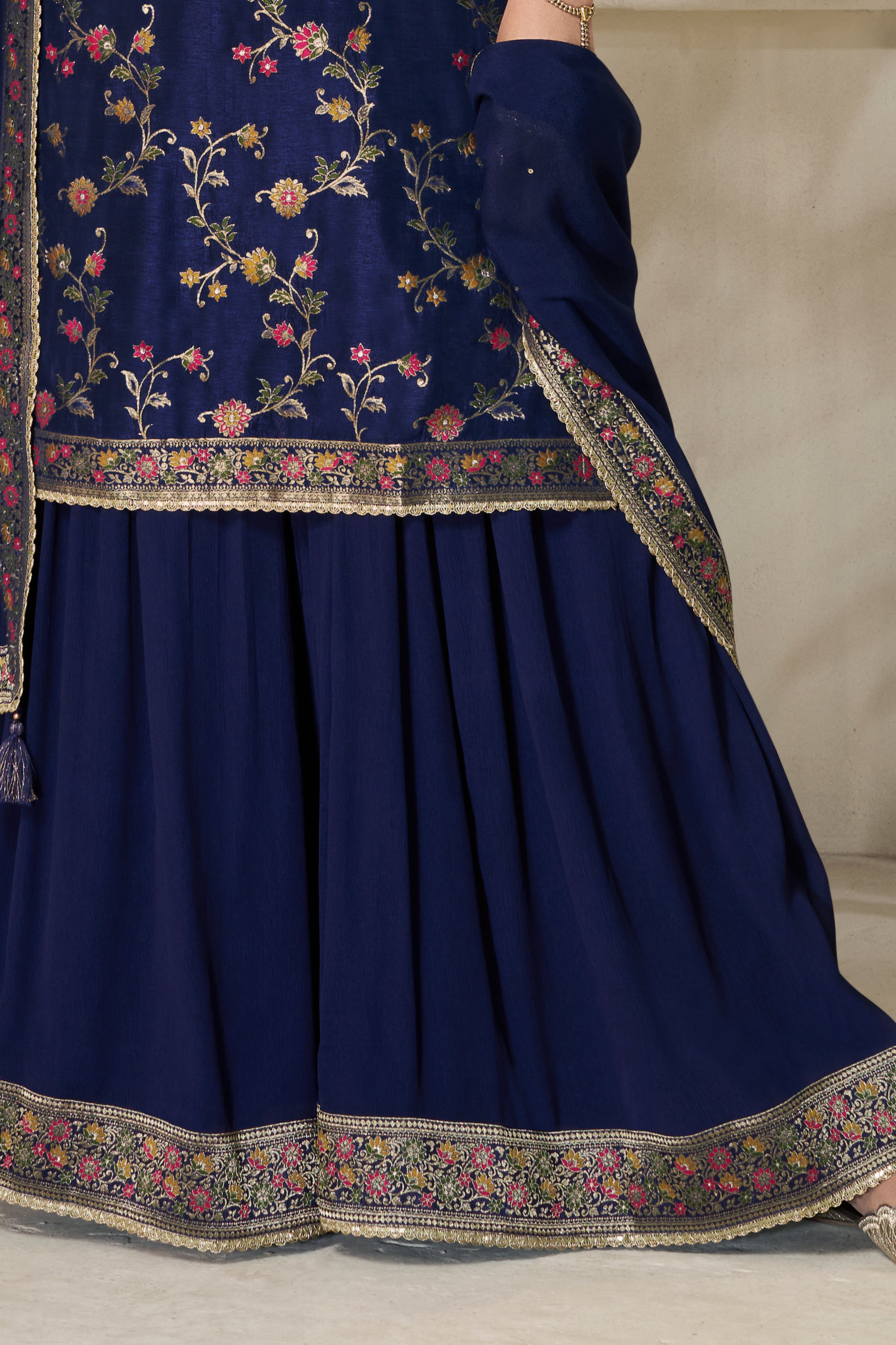 Designer Dark Blue Meenakari Dola Silk Sharara Suit Set