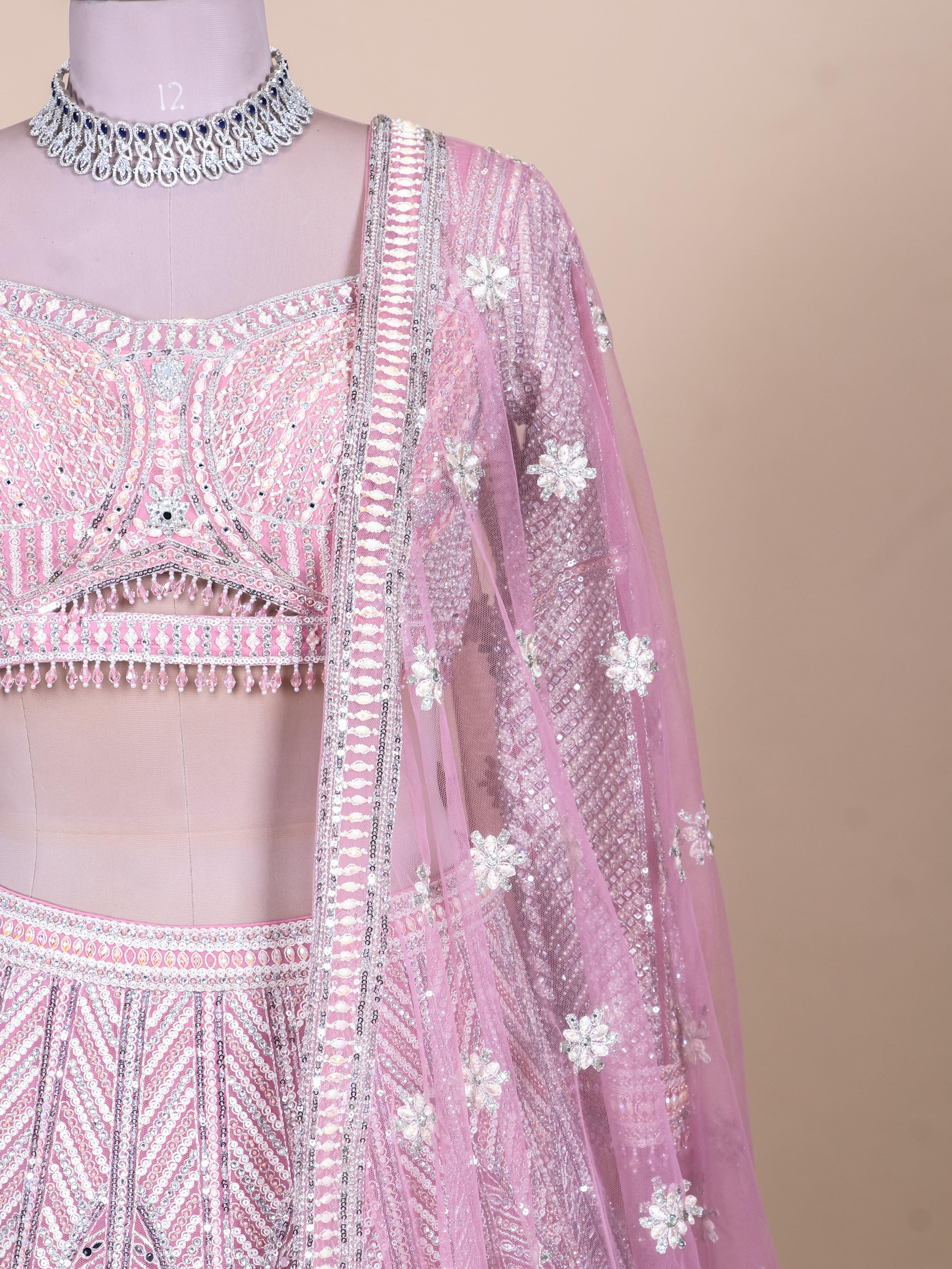 Designer Baby Pink Net Party Wear Lehenga - Sumangal Ekam