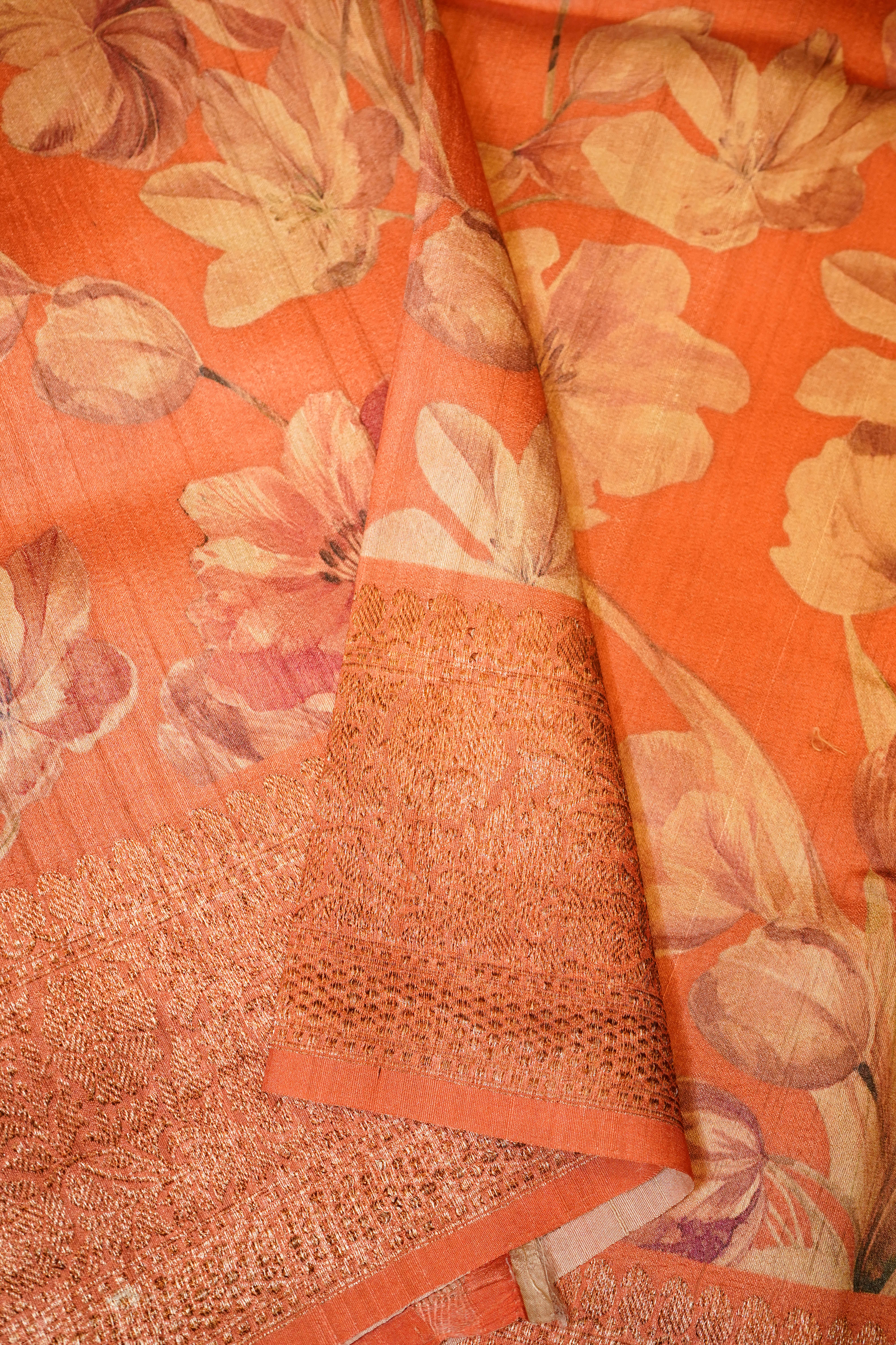 Designer Peach Tussar Silk Saree
