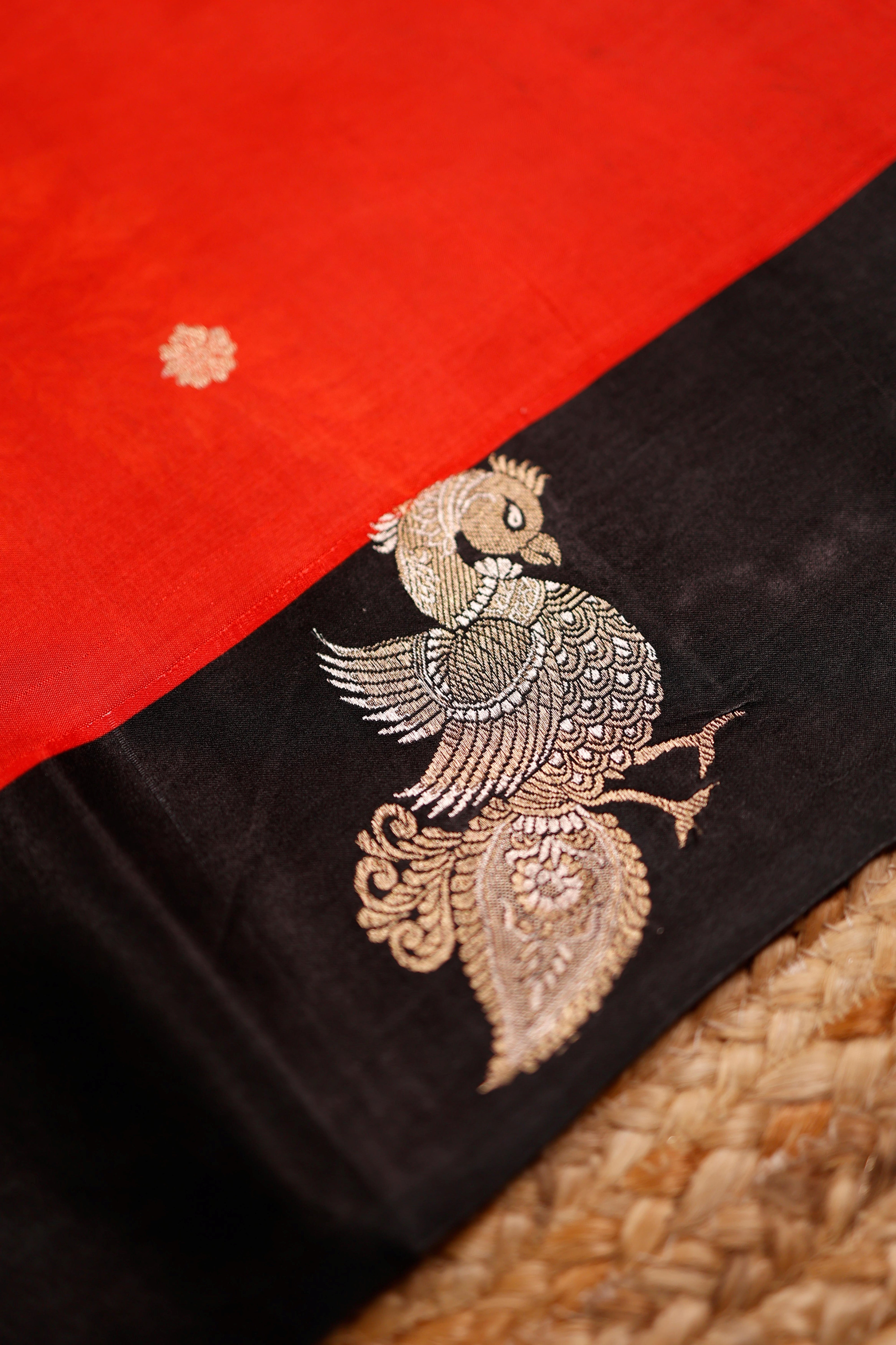Designer Black & Red Motif Banarasi Katan Soft Silk Saree