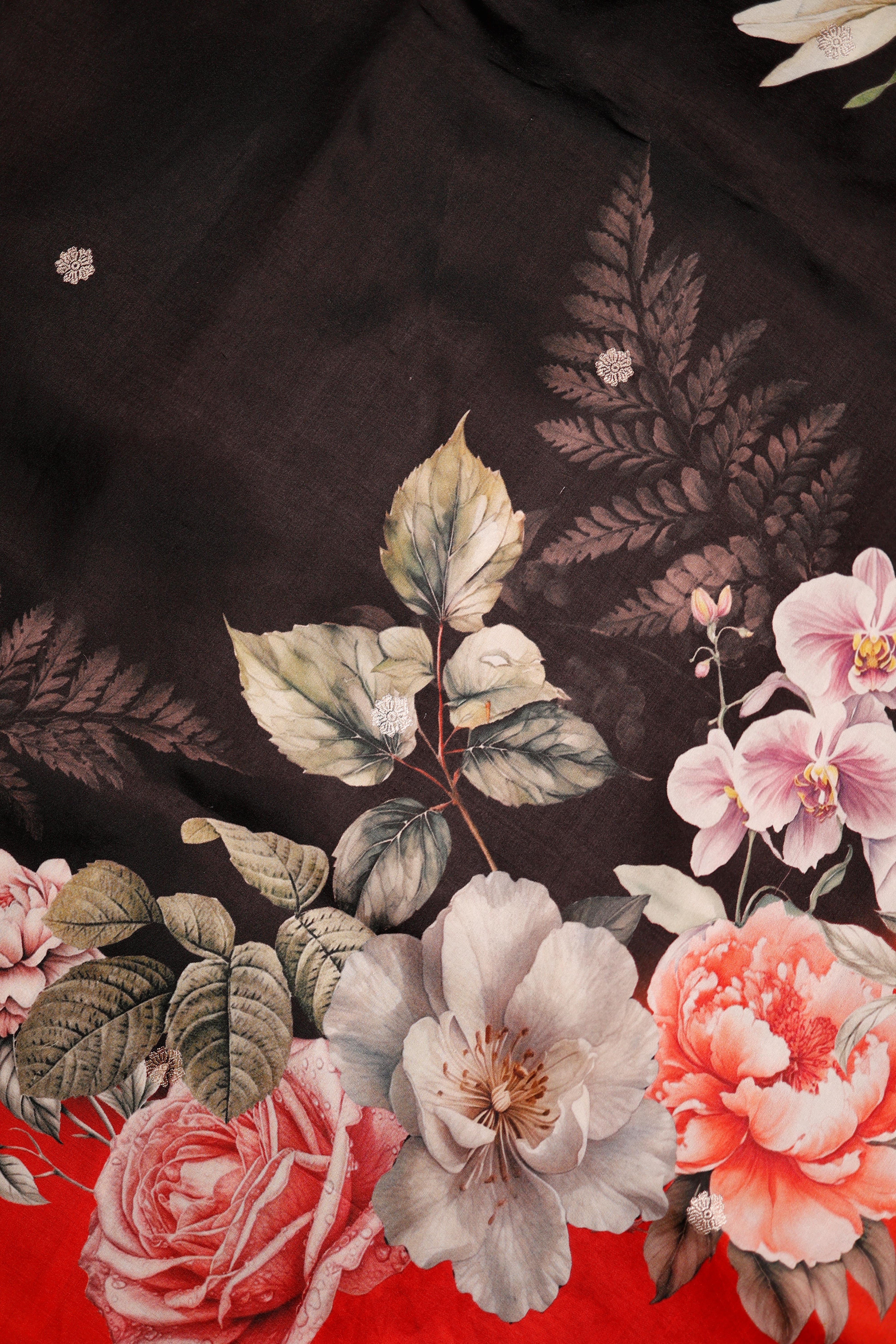 Designer Black & Red Motif Banarasi Katan Soft Silk Saree