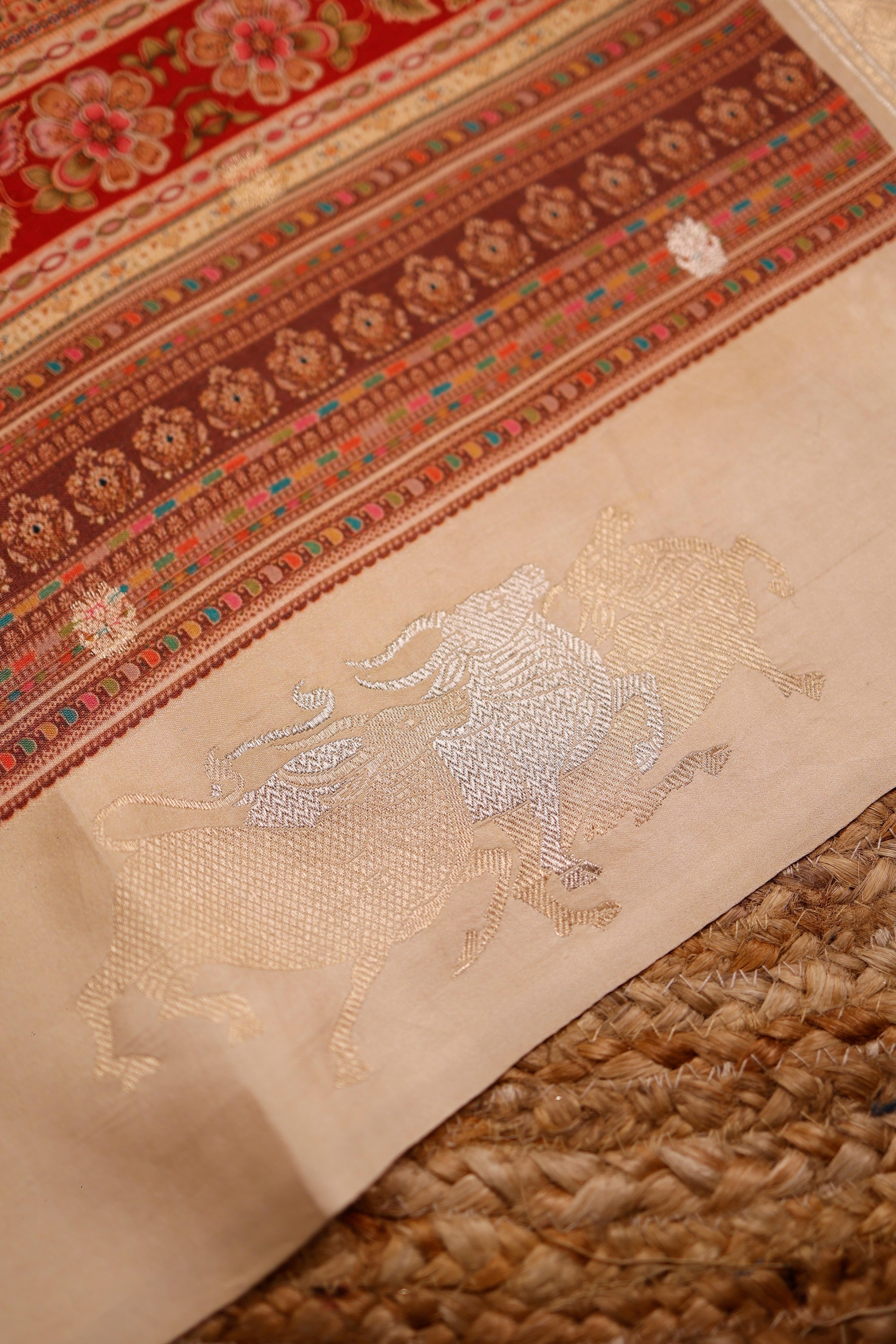 Designer Cream Motif Banarasi Pure Silk Saree