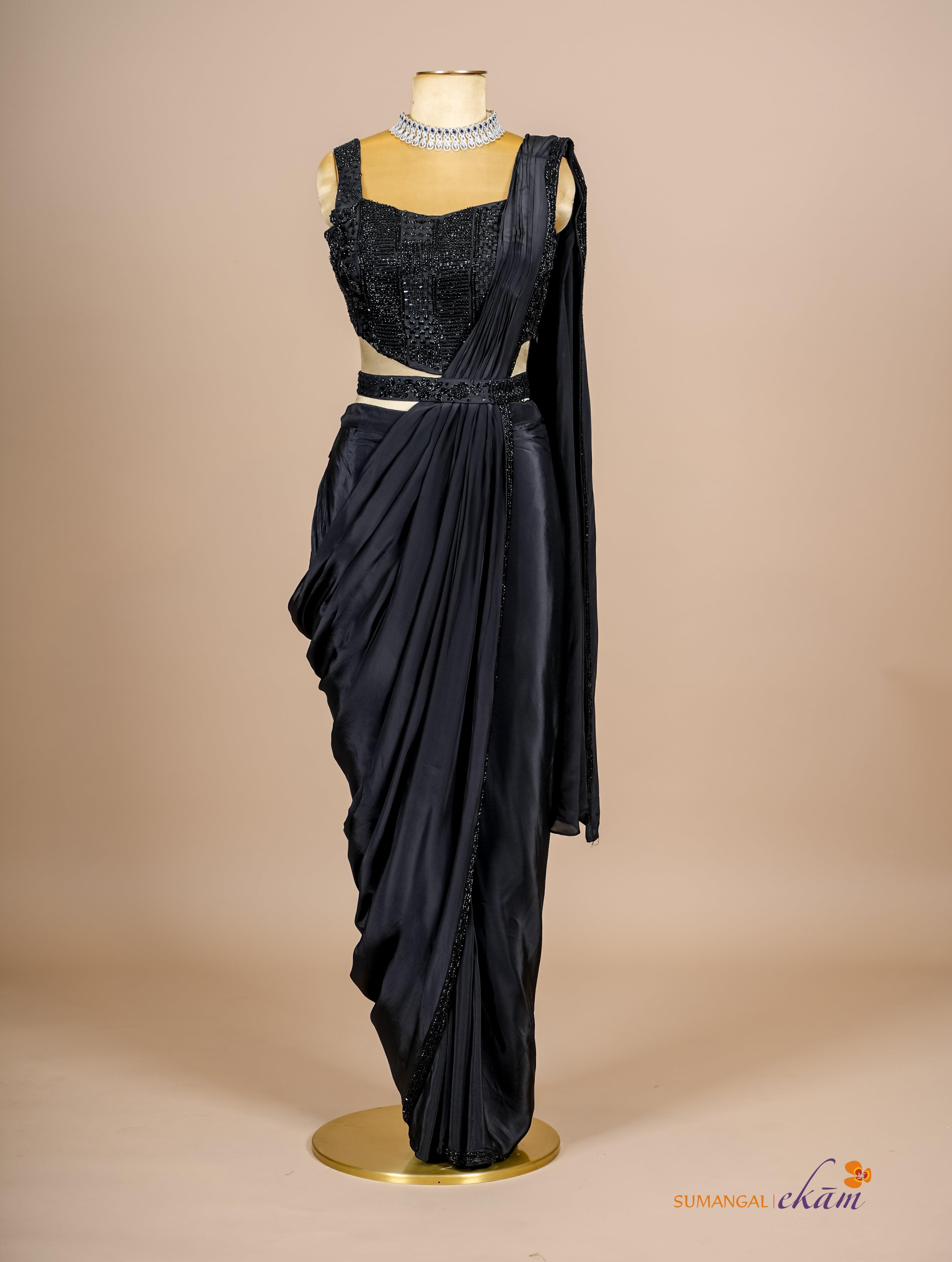 Designer Black Crepe Silk Party Wear Drape saree - Sumangal Ekam