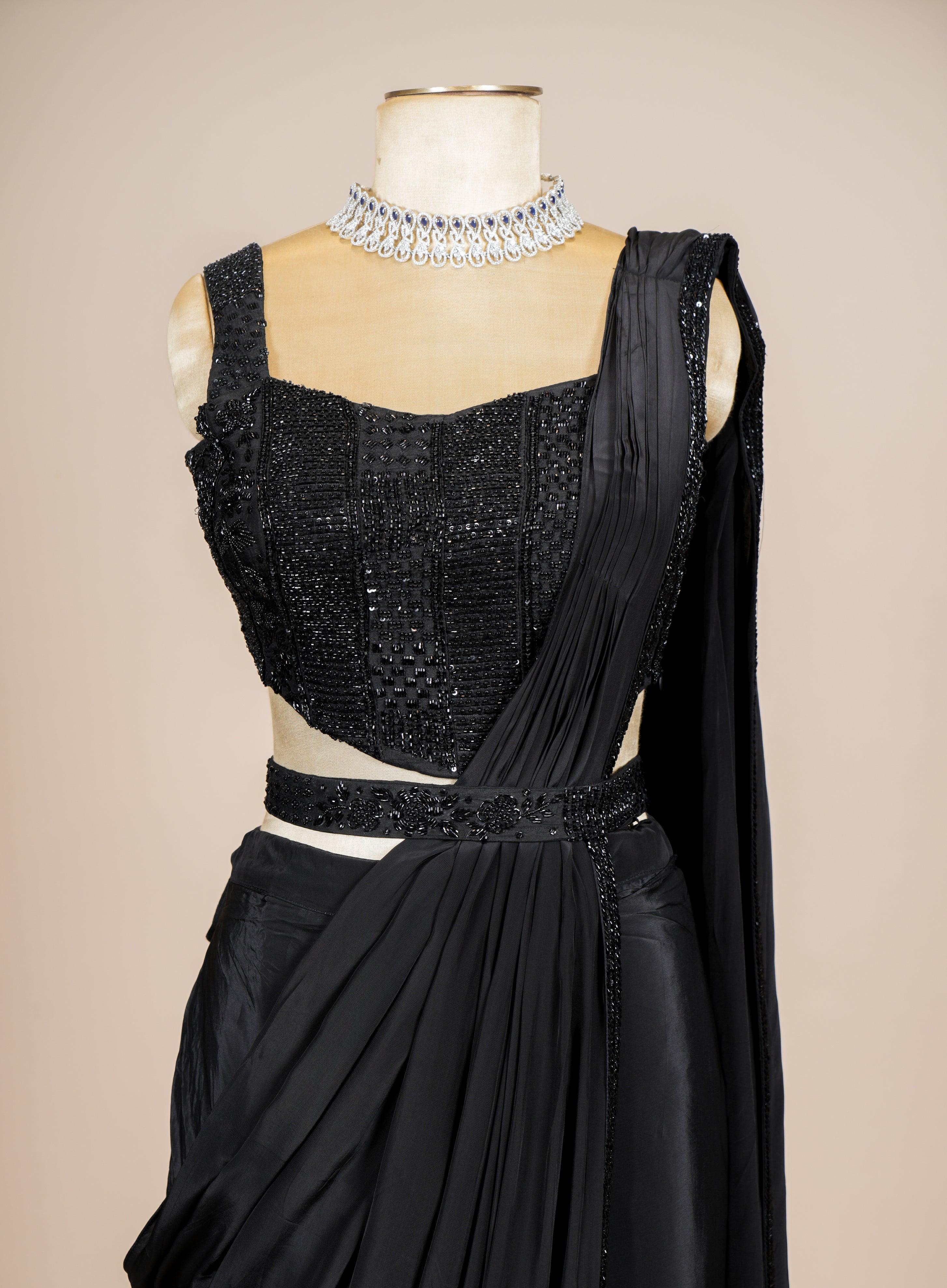 Designer Black Crepe Silk Party Wear Drape saree - Sumangal Ekam