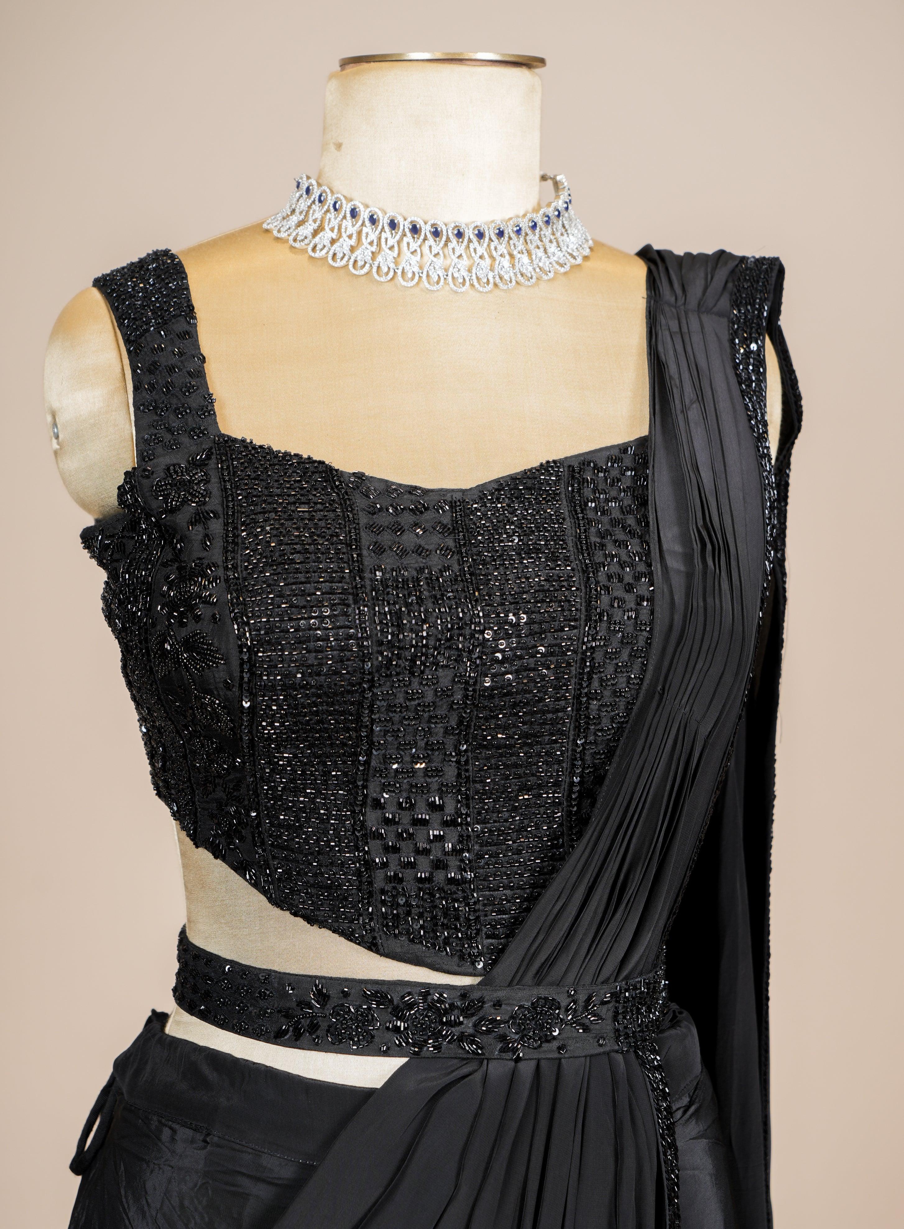 Designer Black Crepe Silk Party Wear Drape saree - Sumangal Ekam