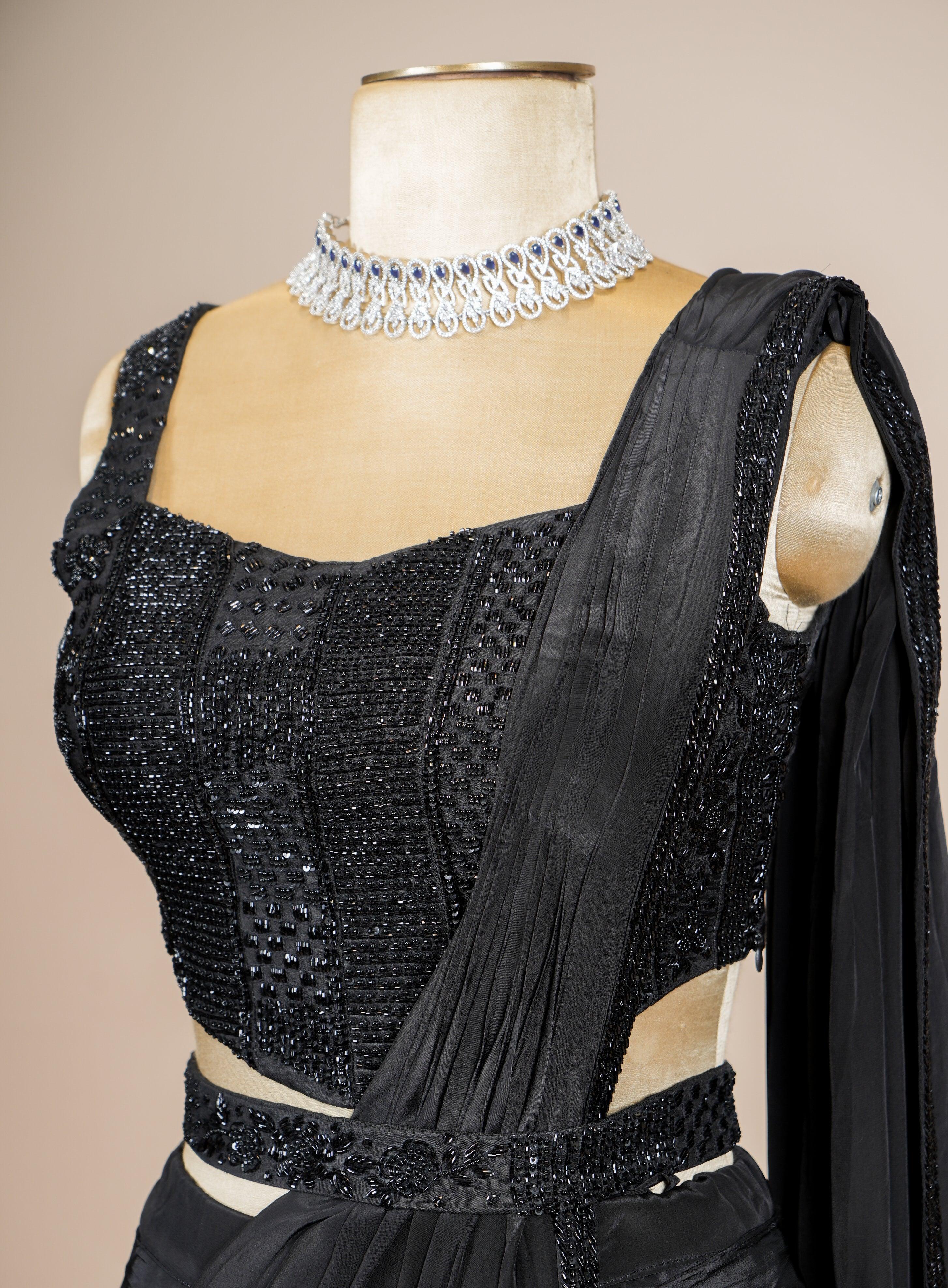 Designer Black Crepe Silk Party Wear Drape saree - Sumangal Ekam