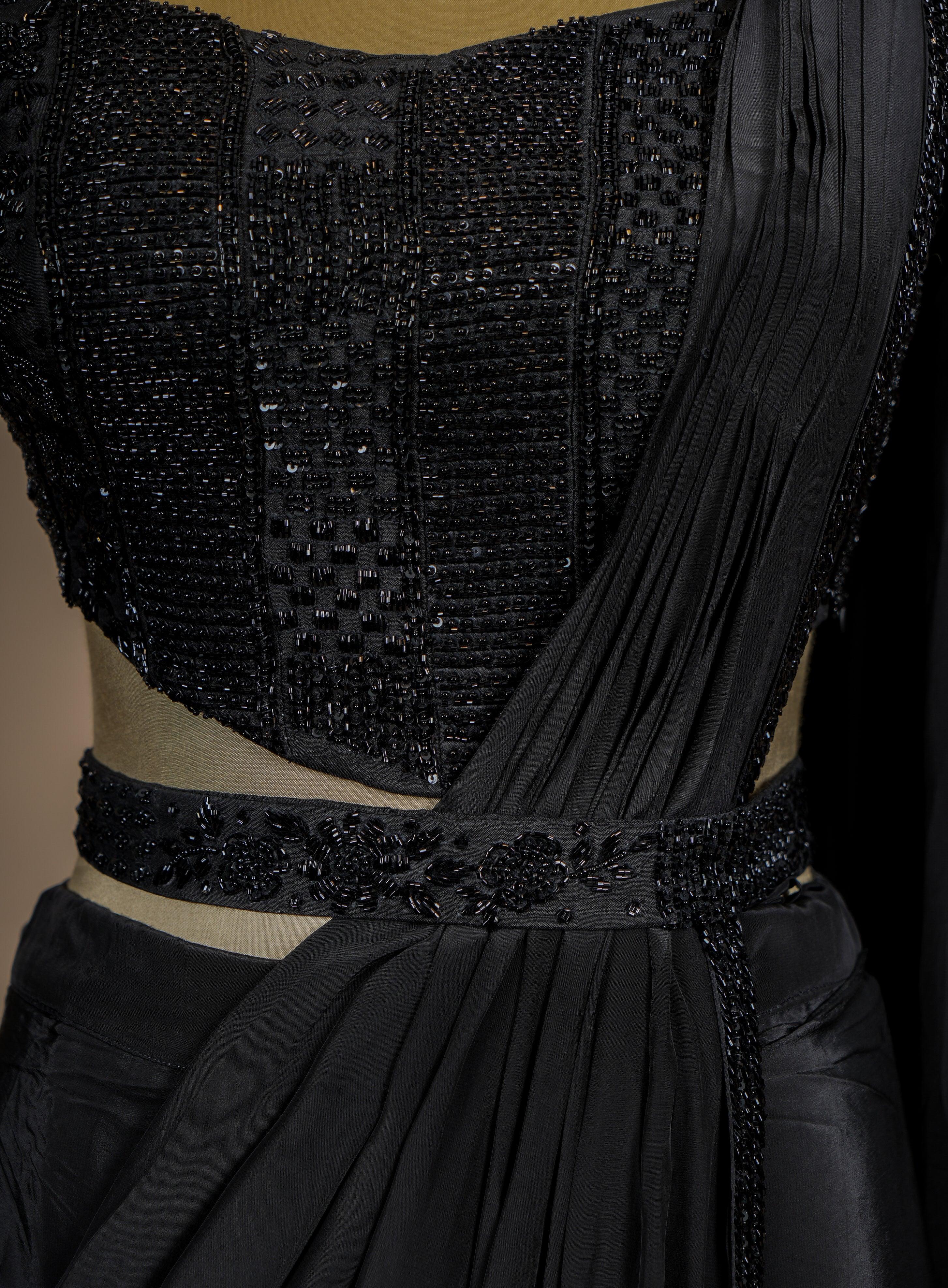 Designer Black Crepe Silk Party Wear Drape saree - Sumangal Ekam