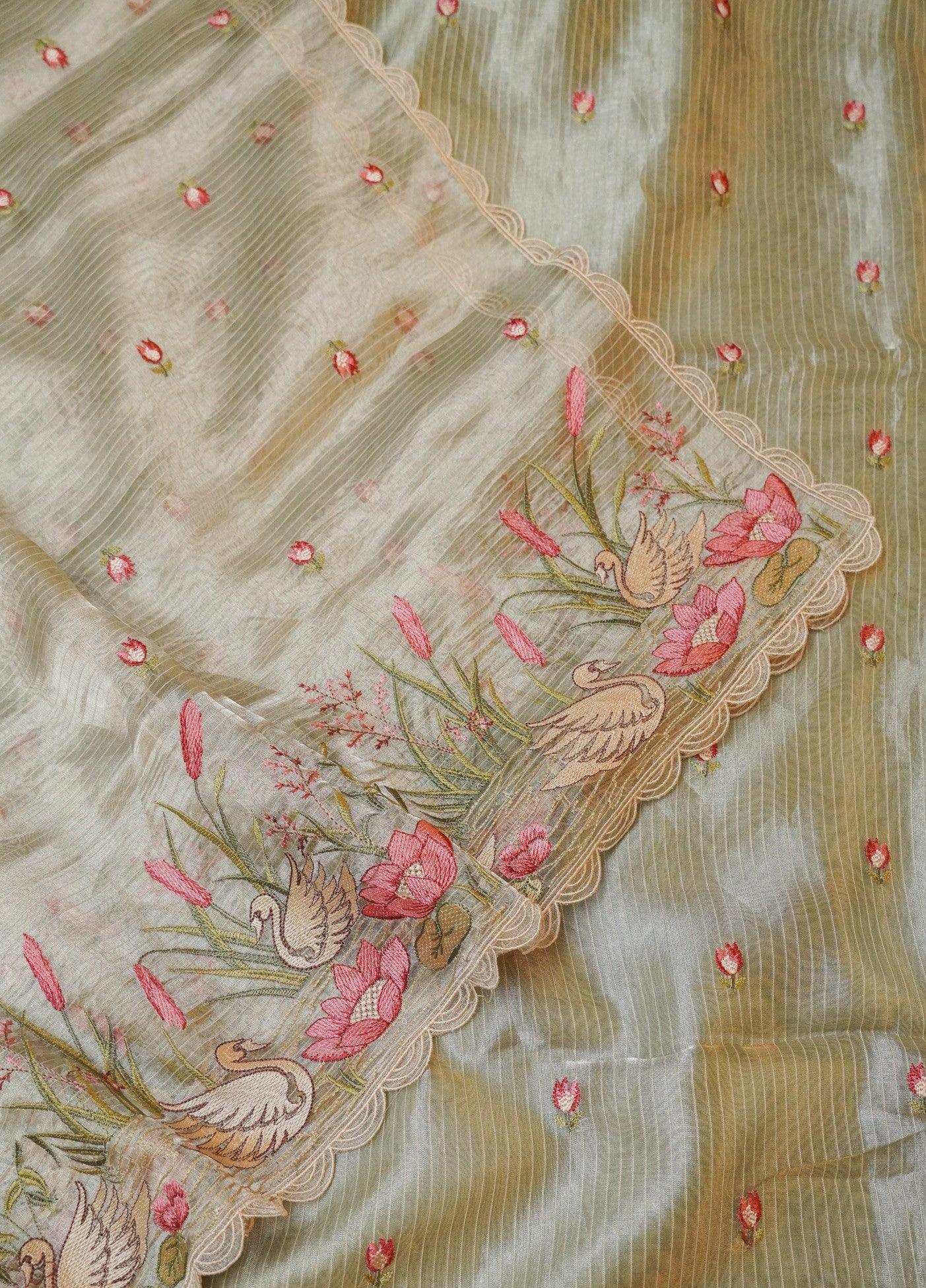 Designer Pastel Green Tissue Silk Suit - Sumangal Ekam