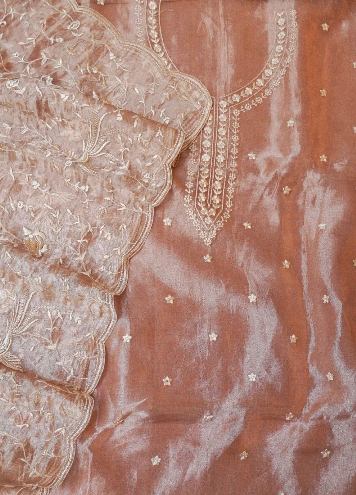 Designer Peach Tissue Silk Suit - Sumangal Ekam