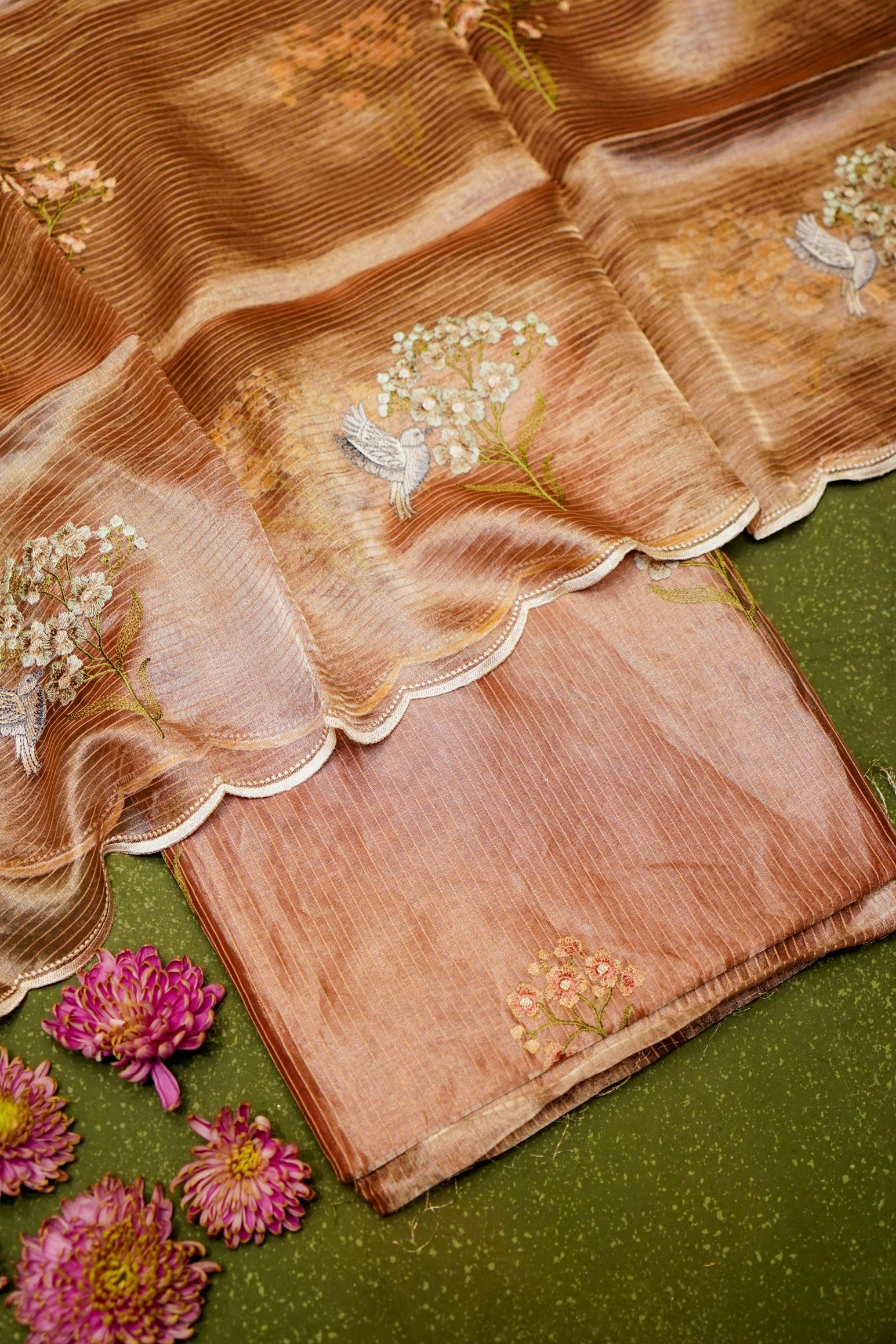 Designer Peach Tissue Silk Suit