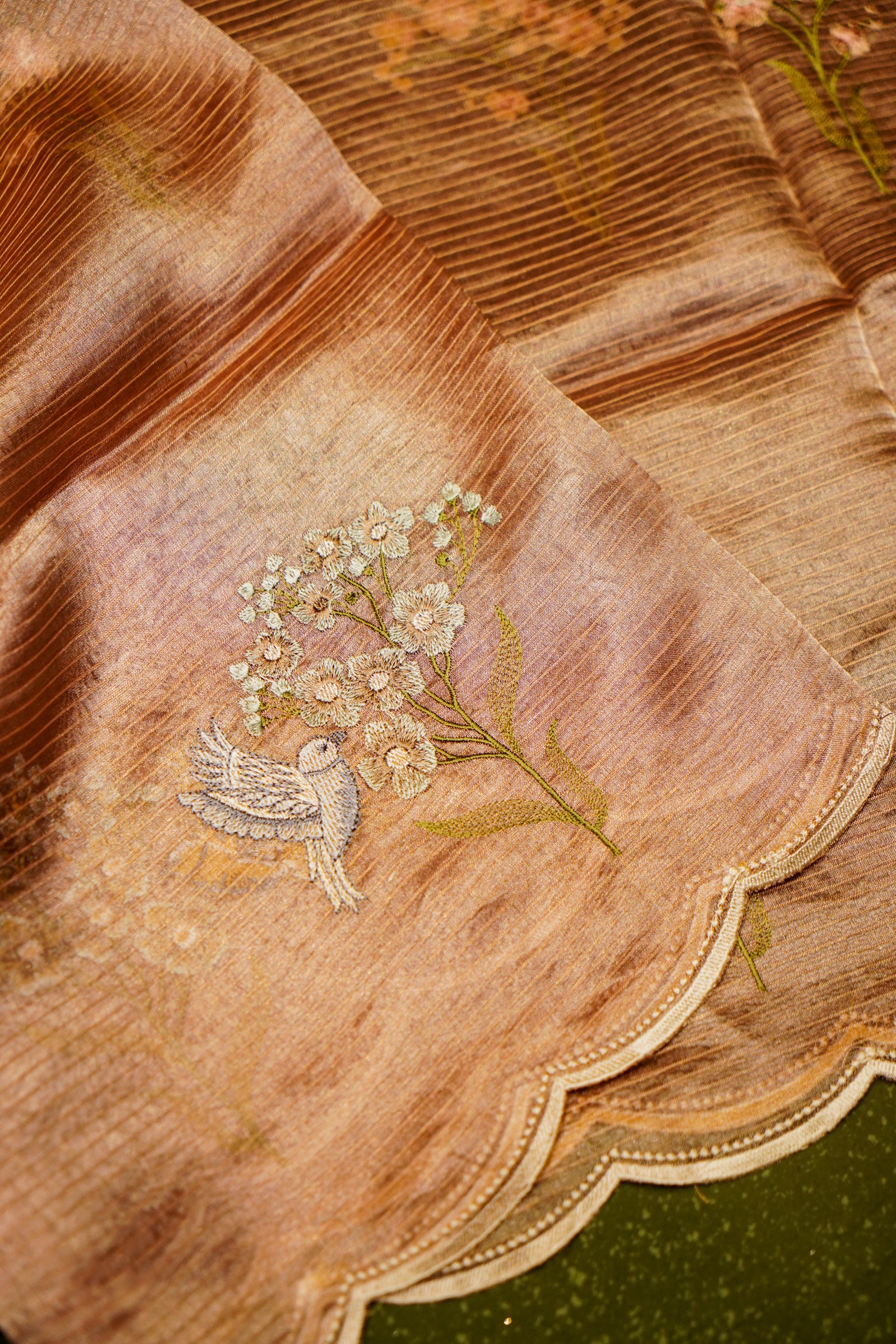 Designer Peach Tissue Silk Suit