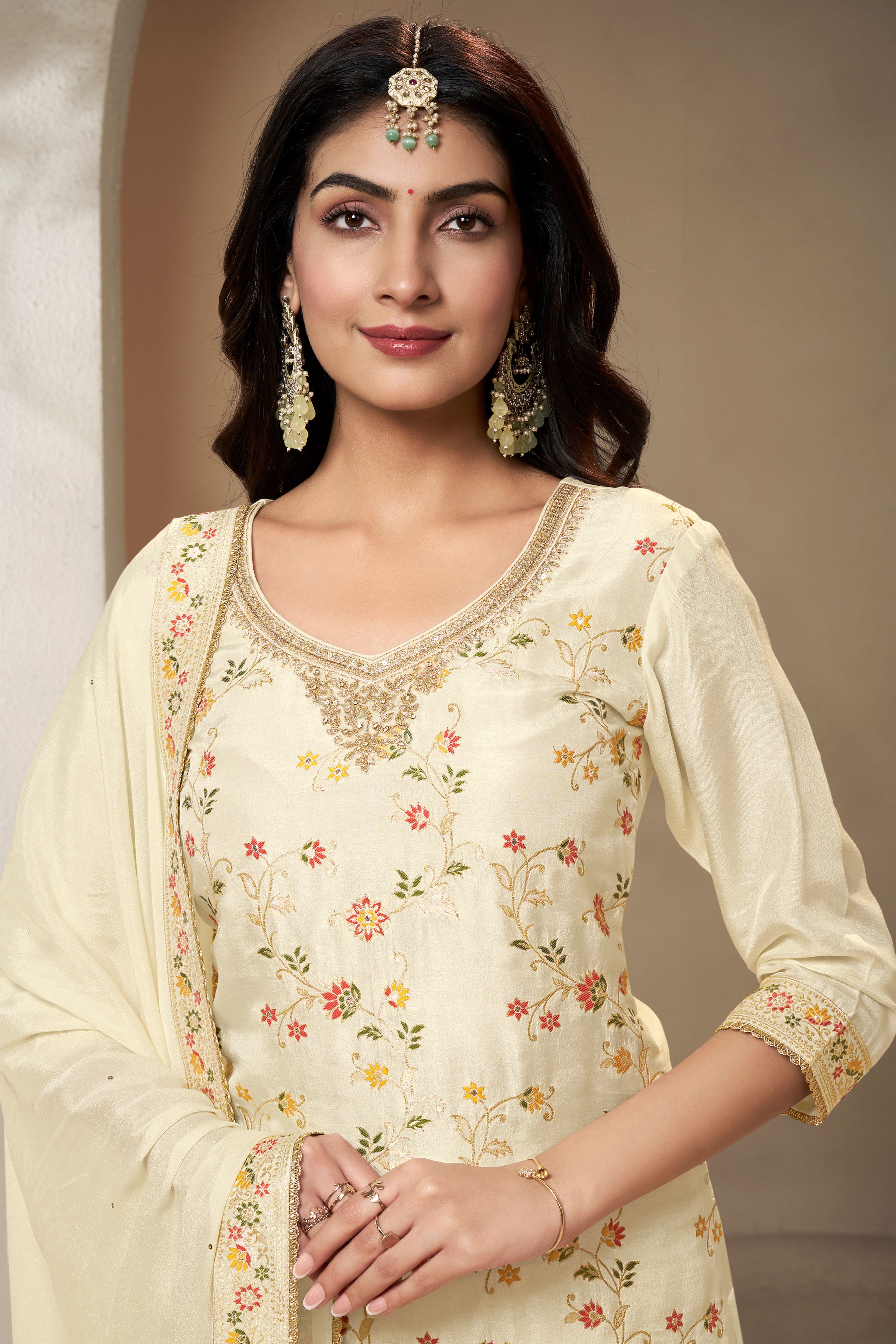 Designer Off White Meenakri Dola Silk Sharara Suit Set