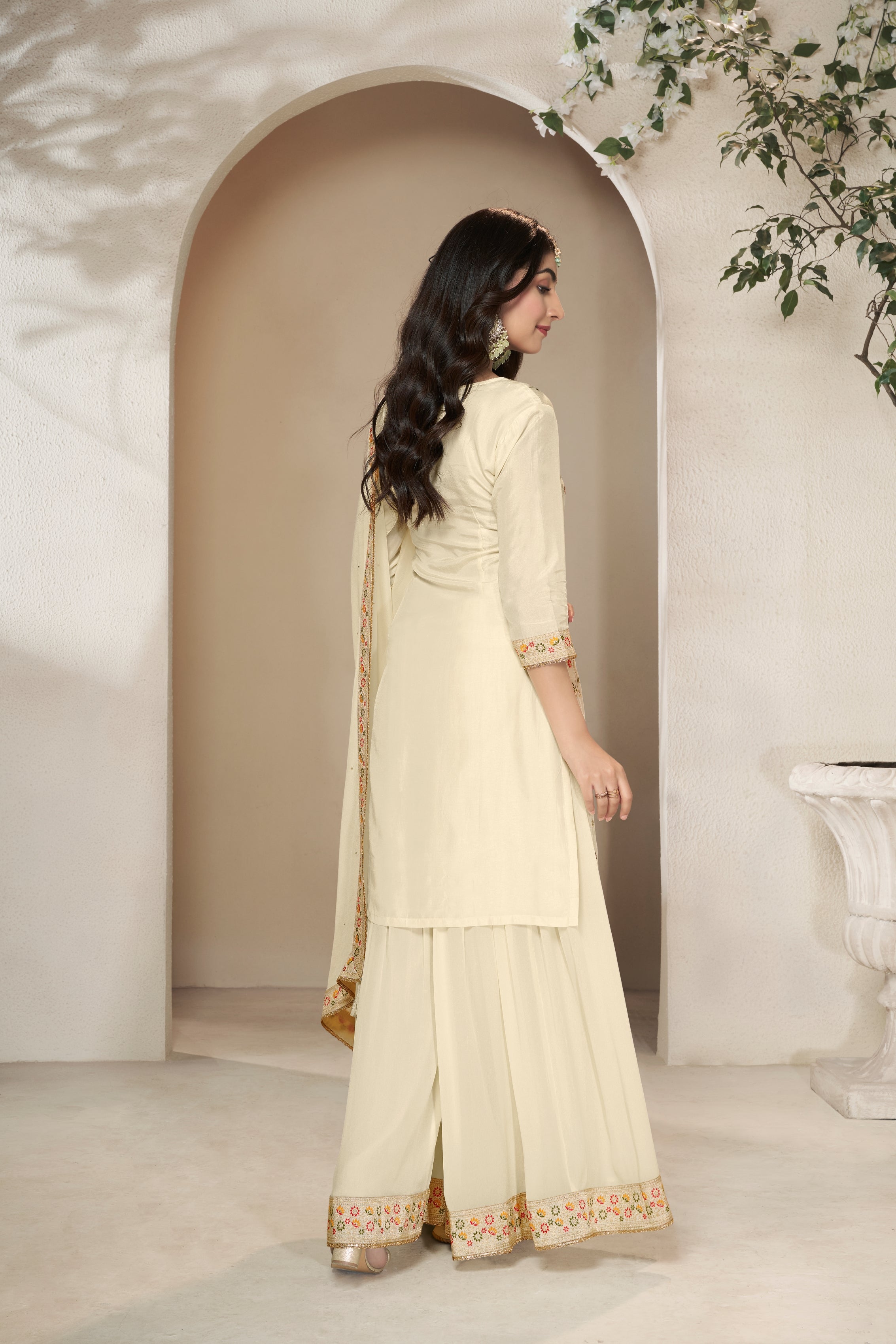 Designer Off White Meenakri Dola Silk Sharara Suit Set