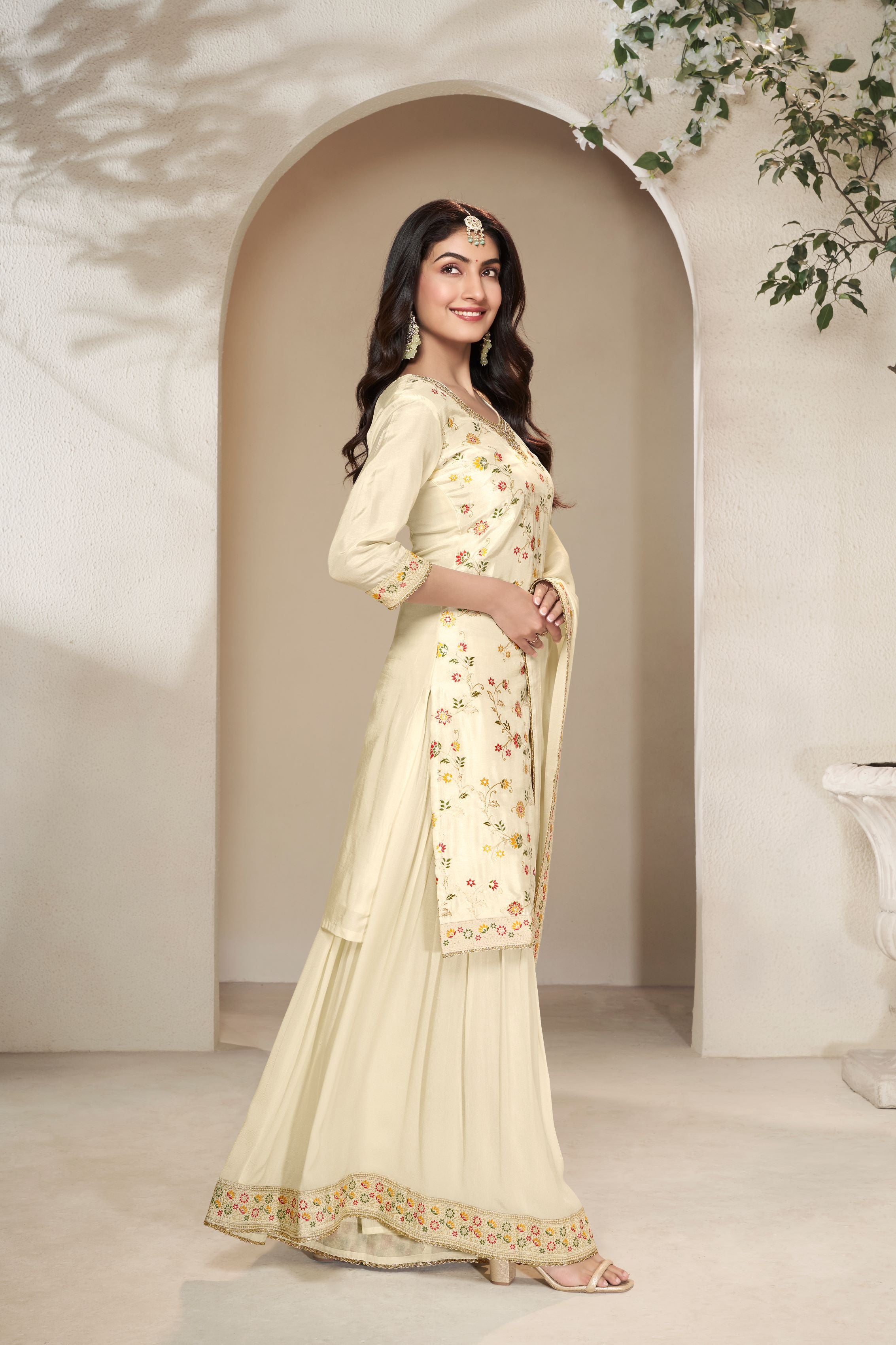 Designer Off White Meenakri Dola Silk Sharara Suit Set