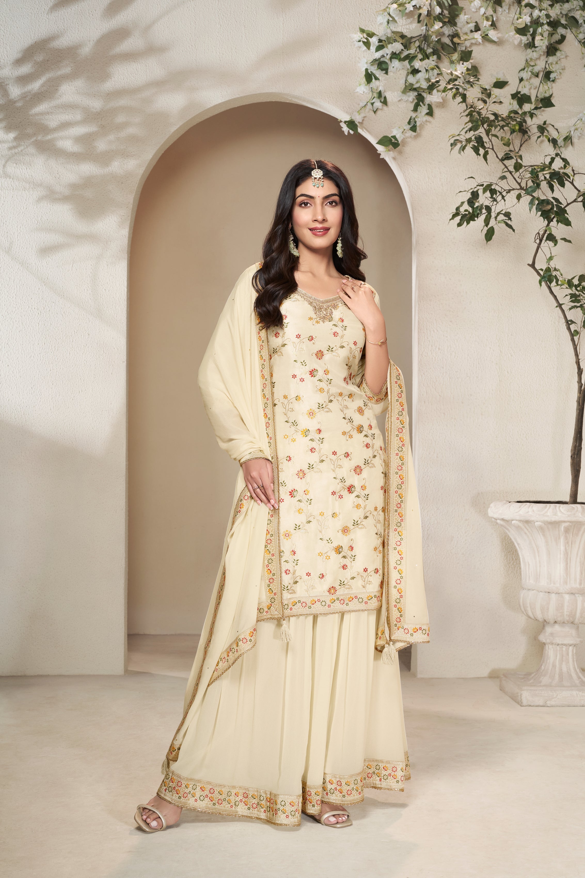 Designer Off White Meenakri Dola Silk Sharara Suit Set