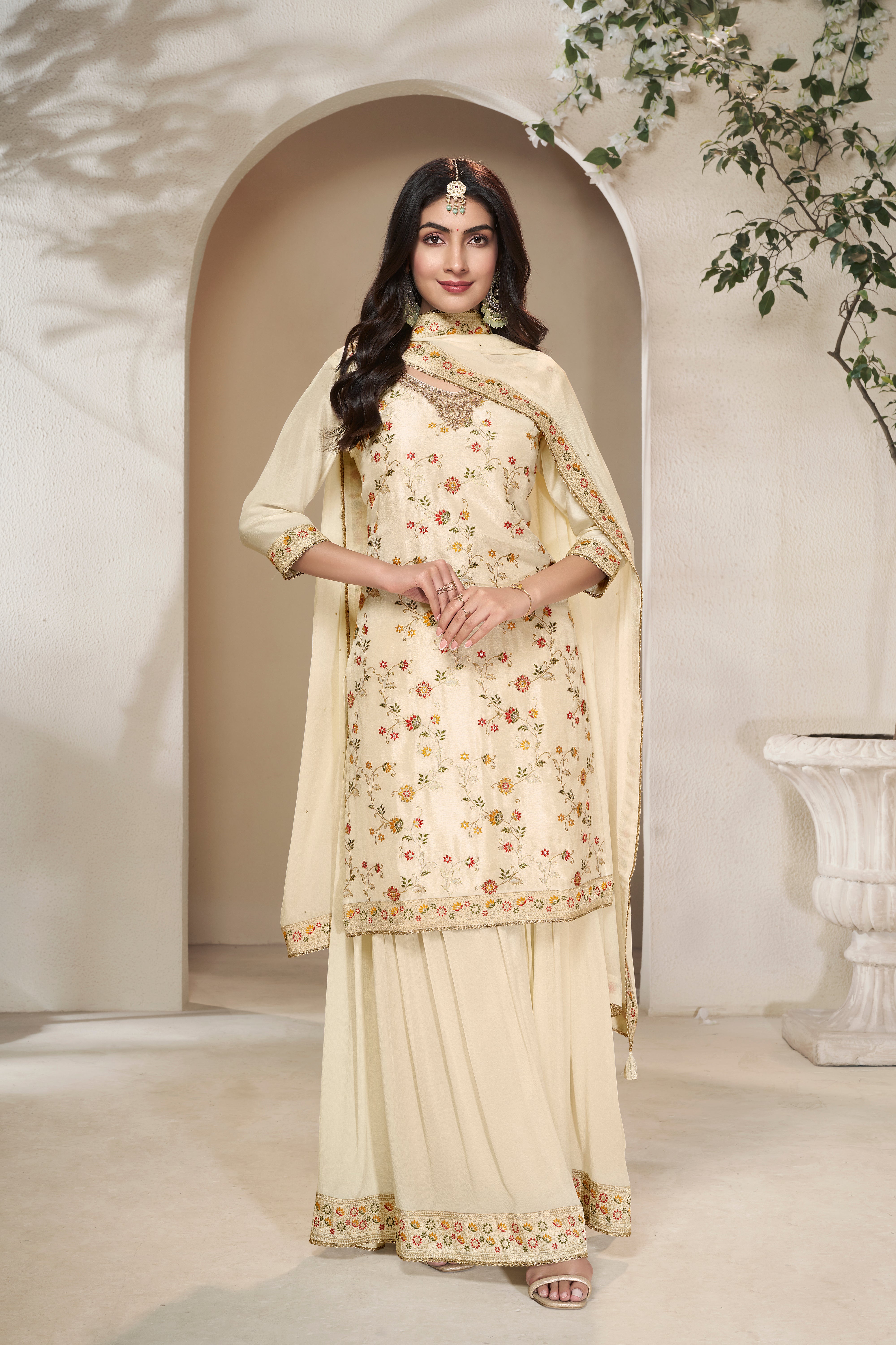 Designer Off White Meenakri Dola Silk Sharara Suit Set