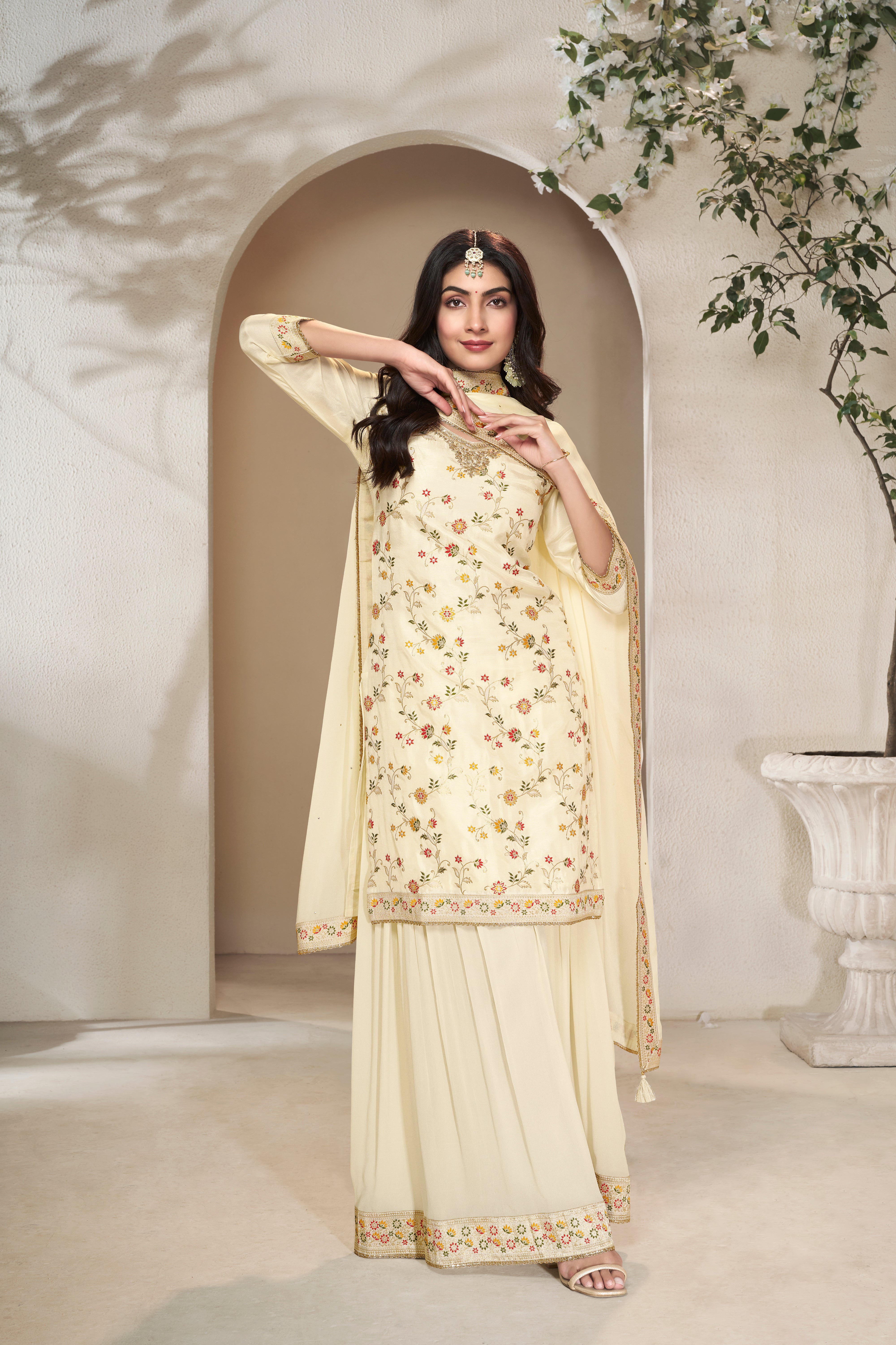 Designer Off White Meenakri Dola Silk Sharara Suit Set