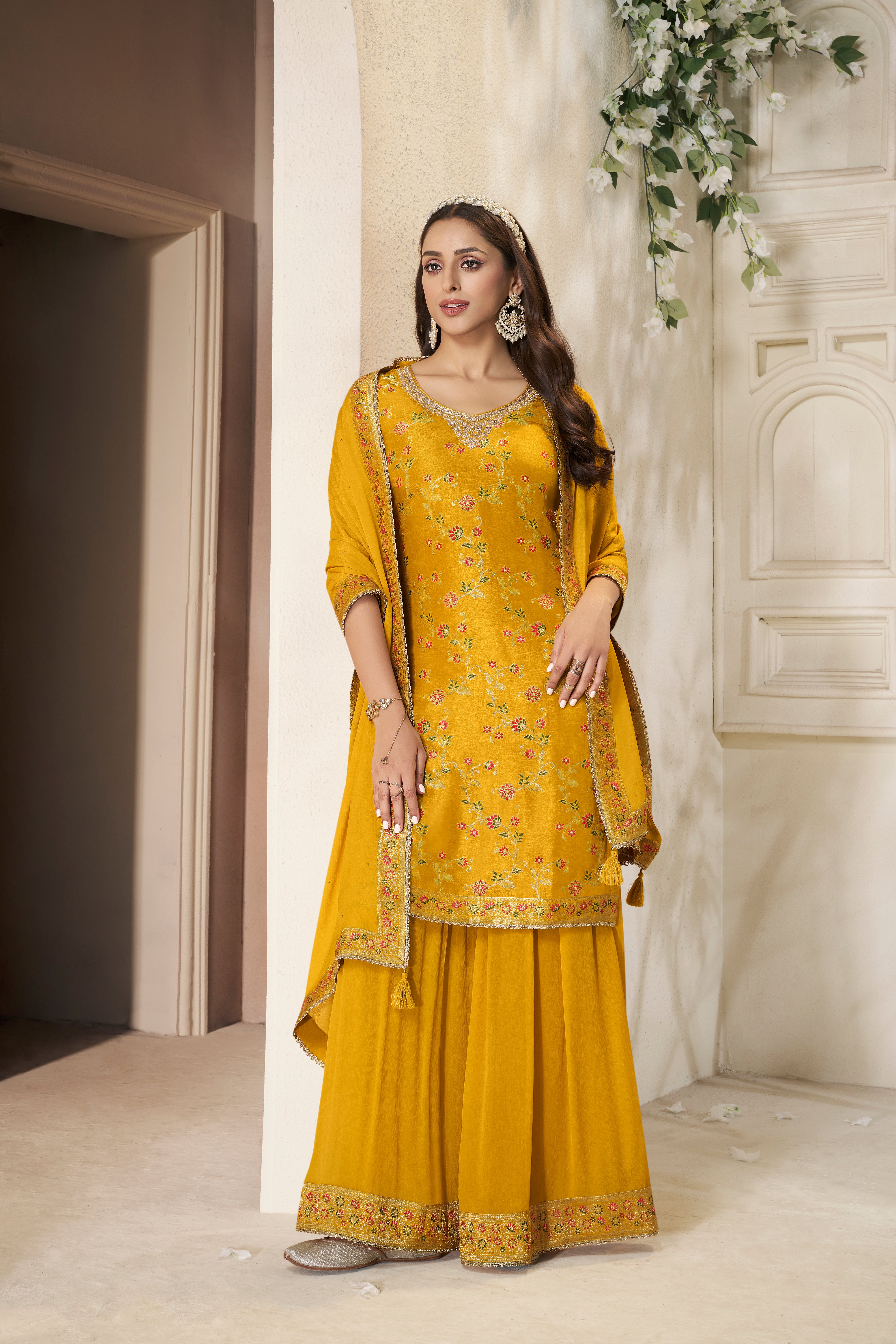 Designer Yellow Meenakri Dola Silk Sharara Suit Set