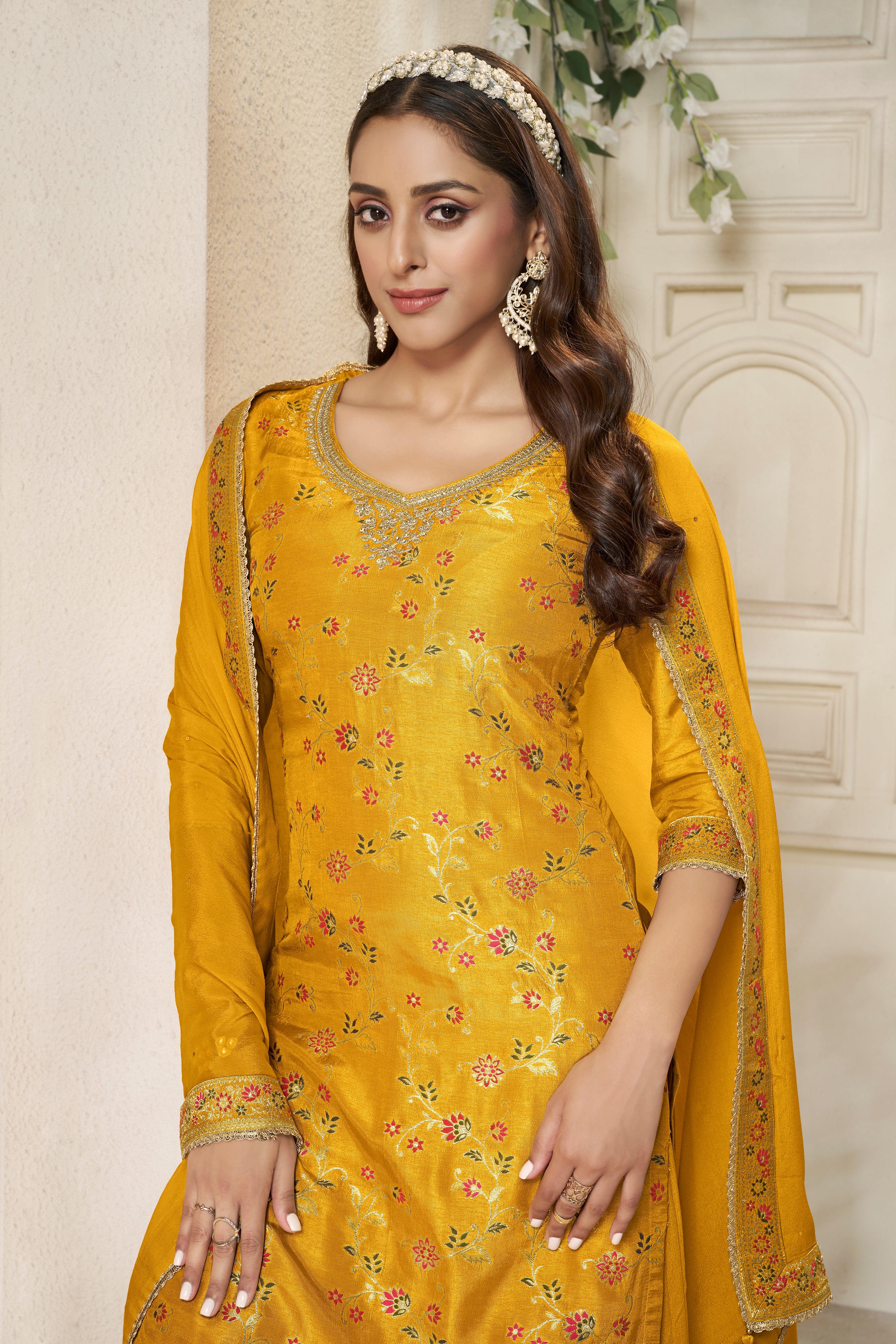 Designer Yellow Meenakri Dola Silk Sharara Suit Set