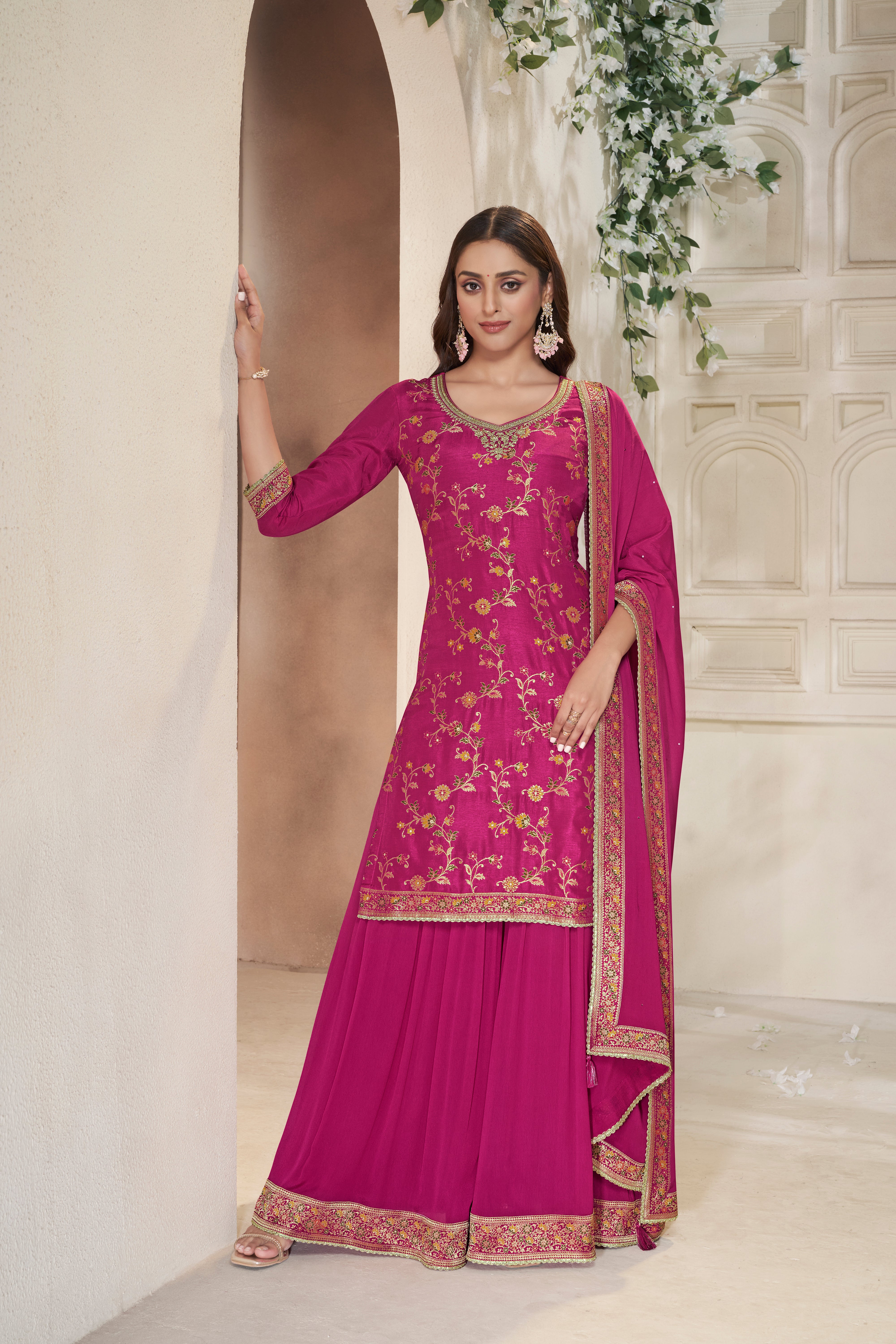 Designer Pink Meenakri Dola Silk Sharara Suit Set