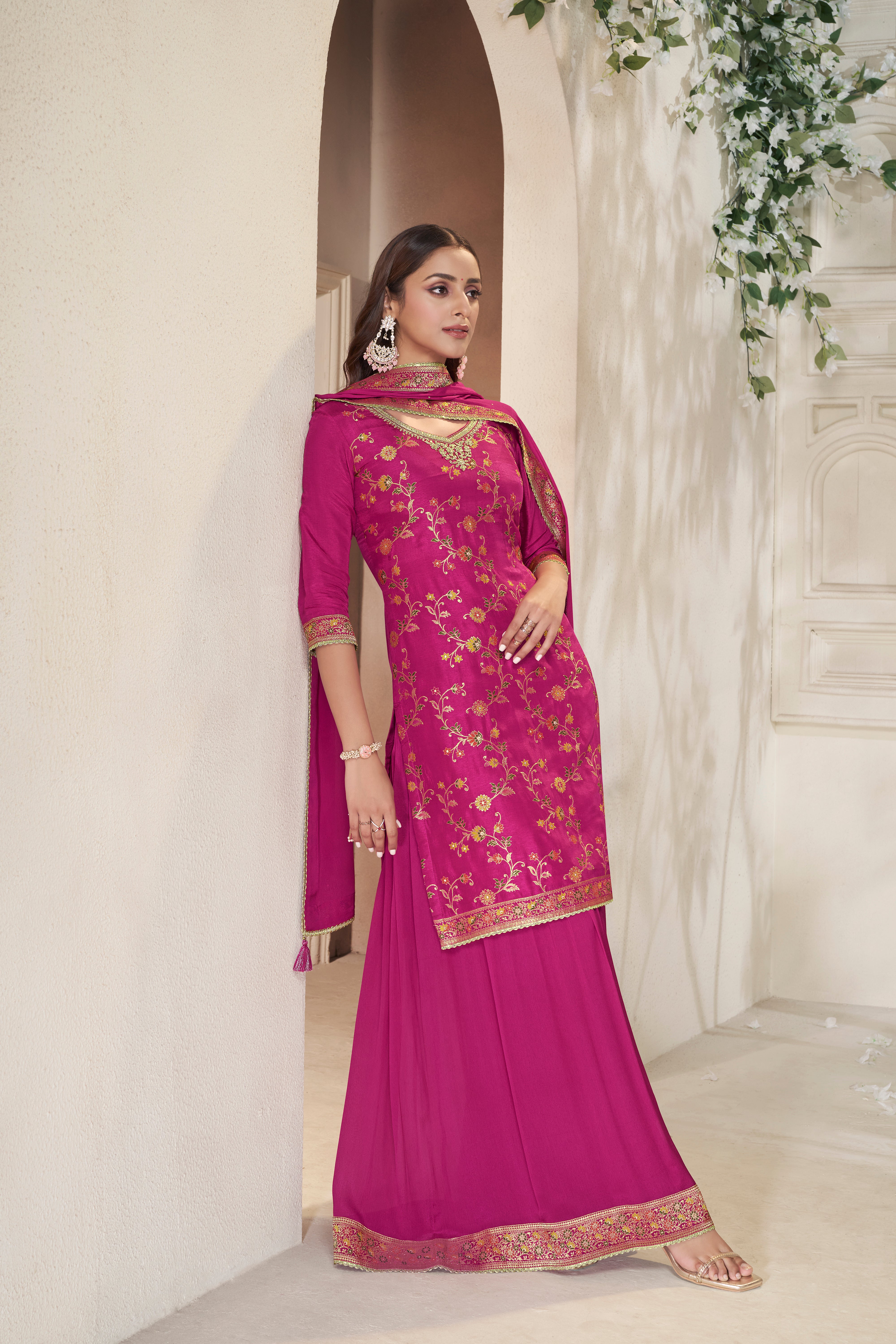 Designer Pink Meenakri Dola Silk Sharara Suit Set