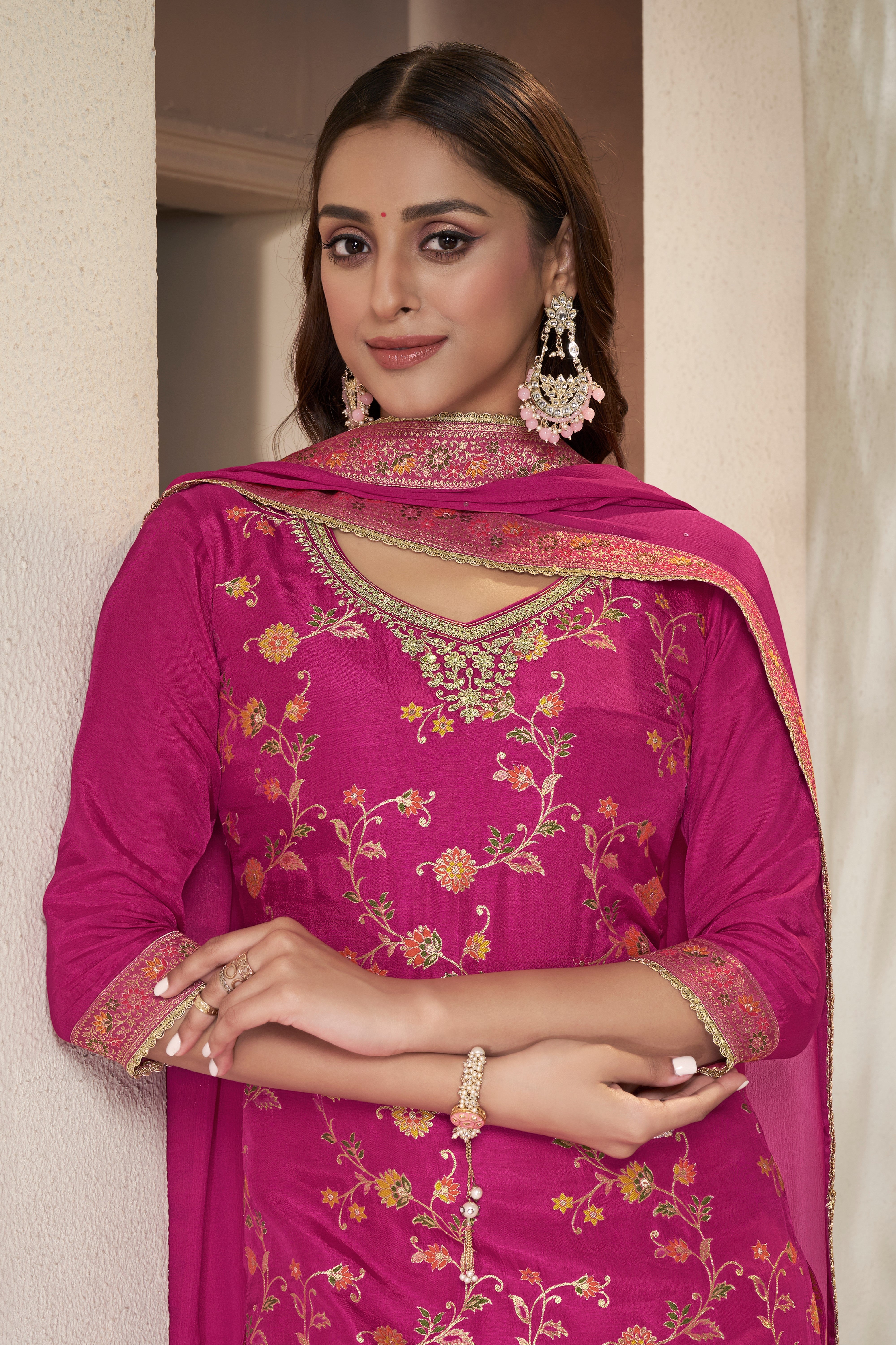 Designer Pink Meenakri Dola Silk Sharara Suit Set