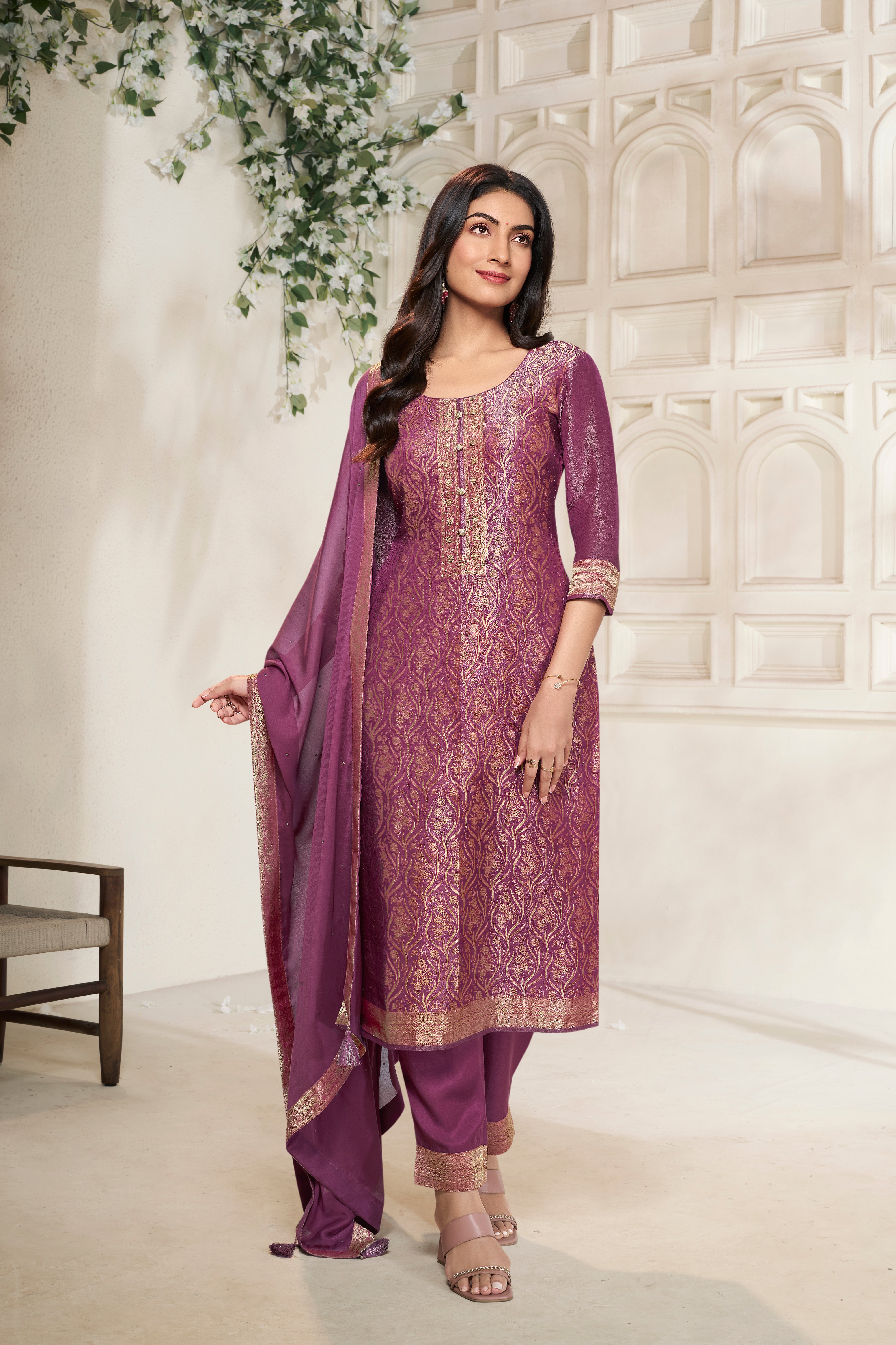 Designer Purple Jacquard Weave Tissue Kurta Suit Set