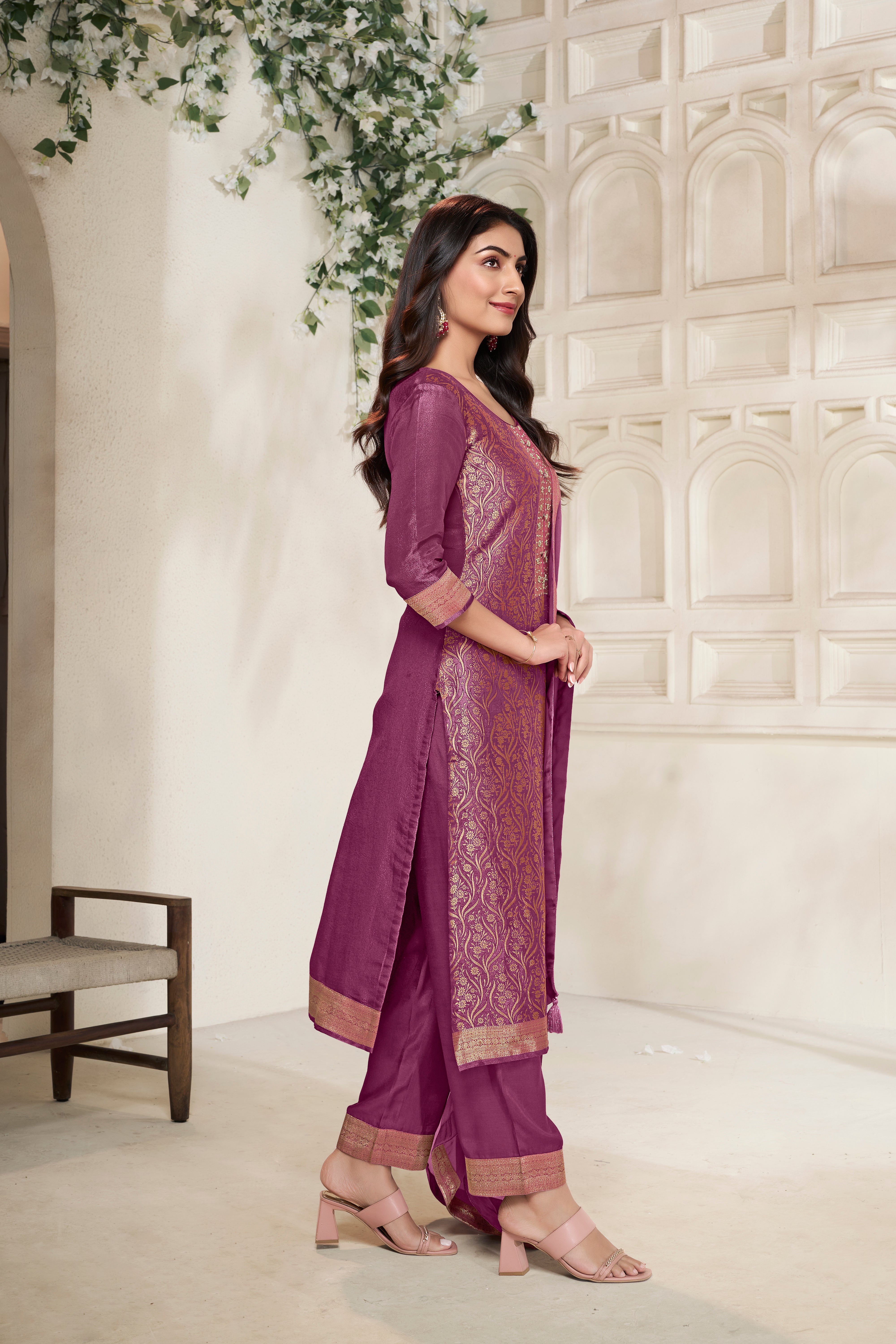 Designer Purple Jacquard Weave Tissue Kurta Suit Set