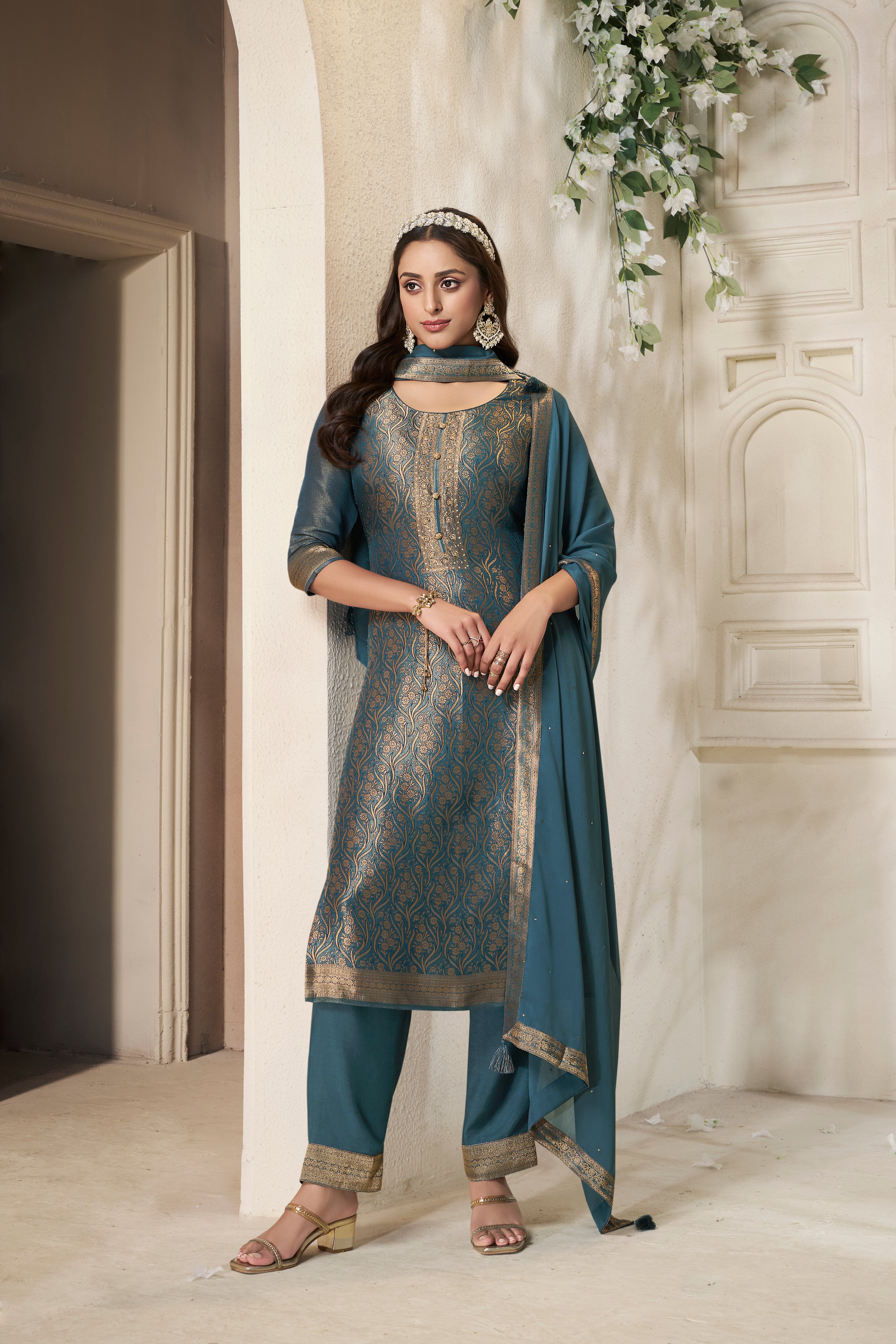 Designer Teal Green Jacquard Weave Tissue Kurta Suit Set