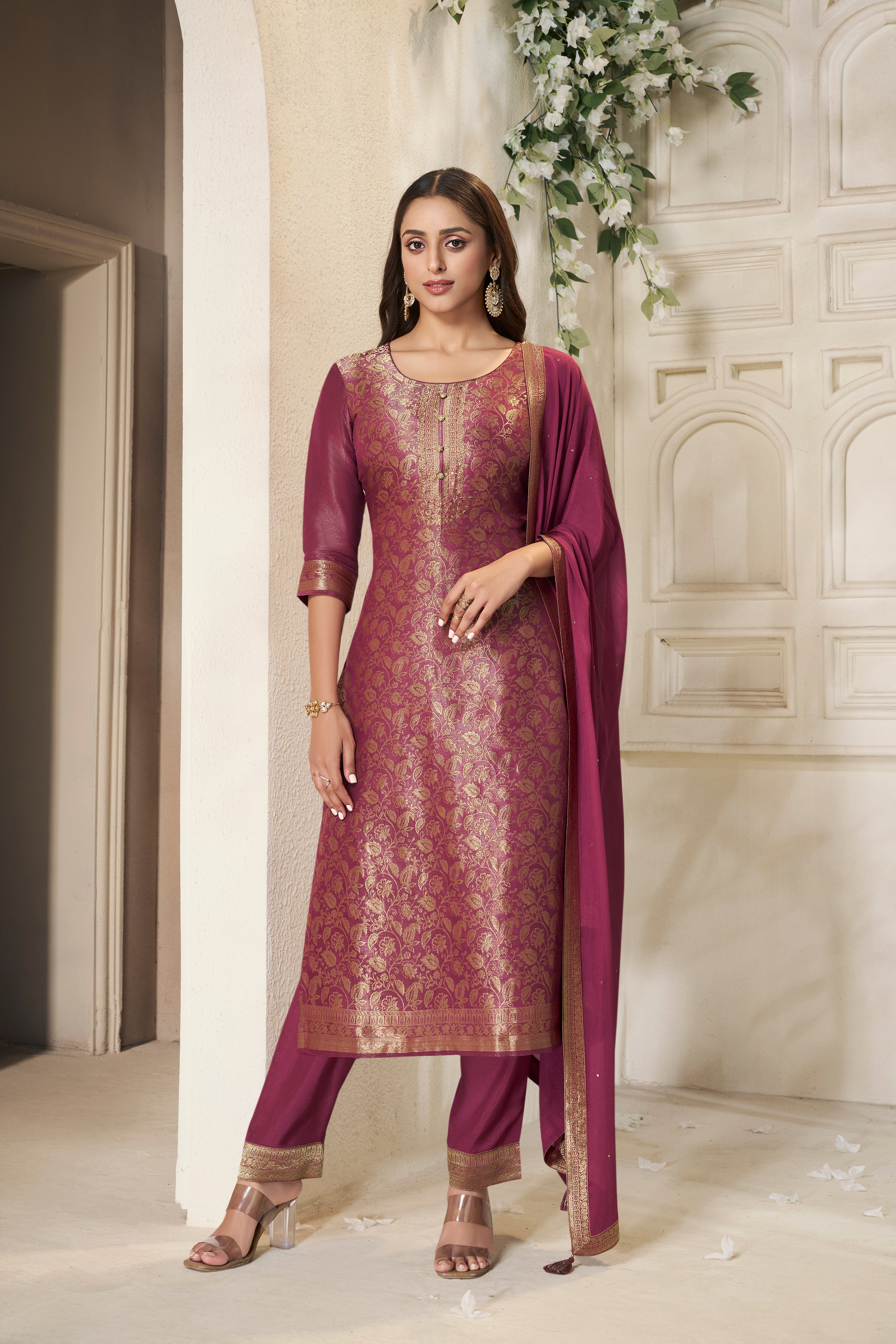 Designer Maroon Jacquard Weave Tissue Kurta Suit Set