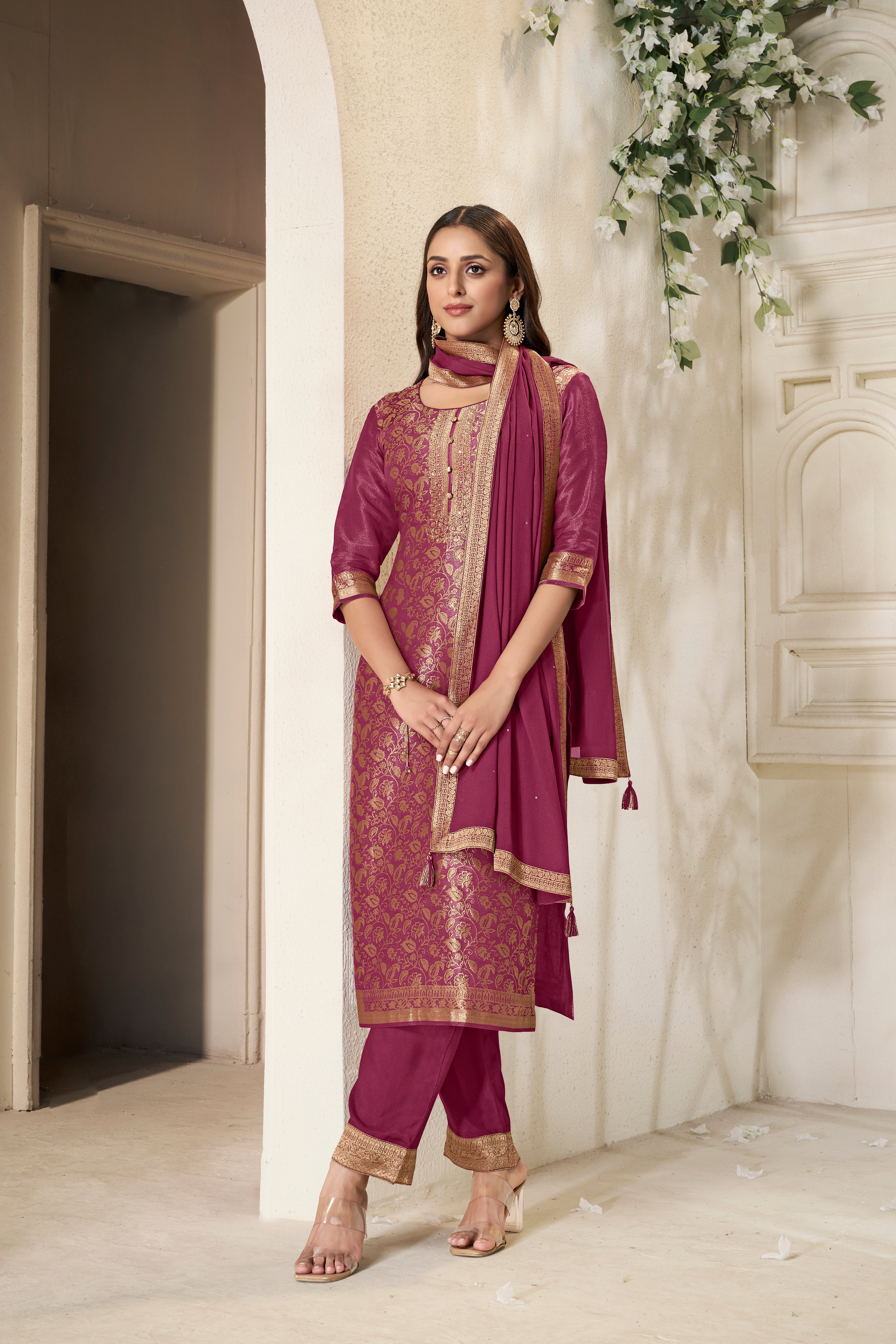 Designer Maroon Jacquard Weave Tissue Kurta Suit Set